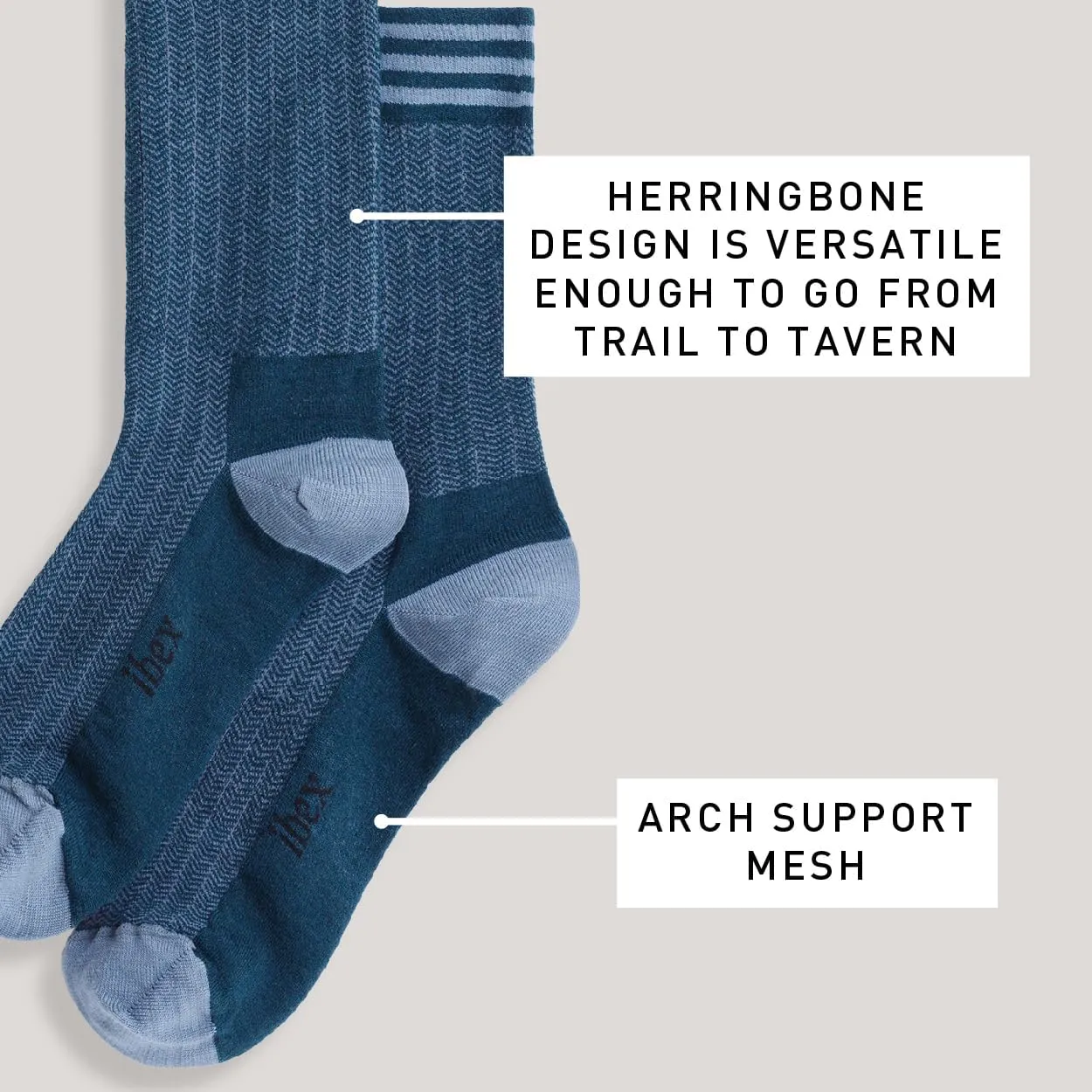 IBEX Merino Wool Nomad Herringbone Unisex Hiking Socks | Crew Socks with Seamless Toe & Arch Support