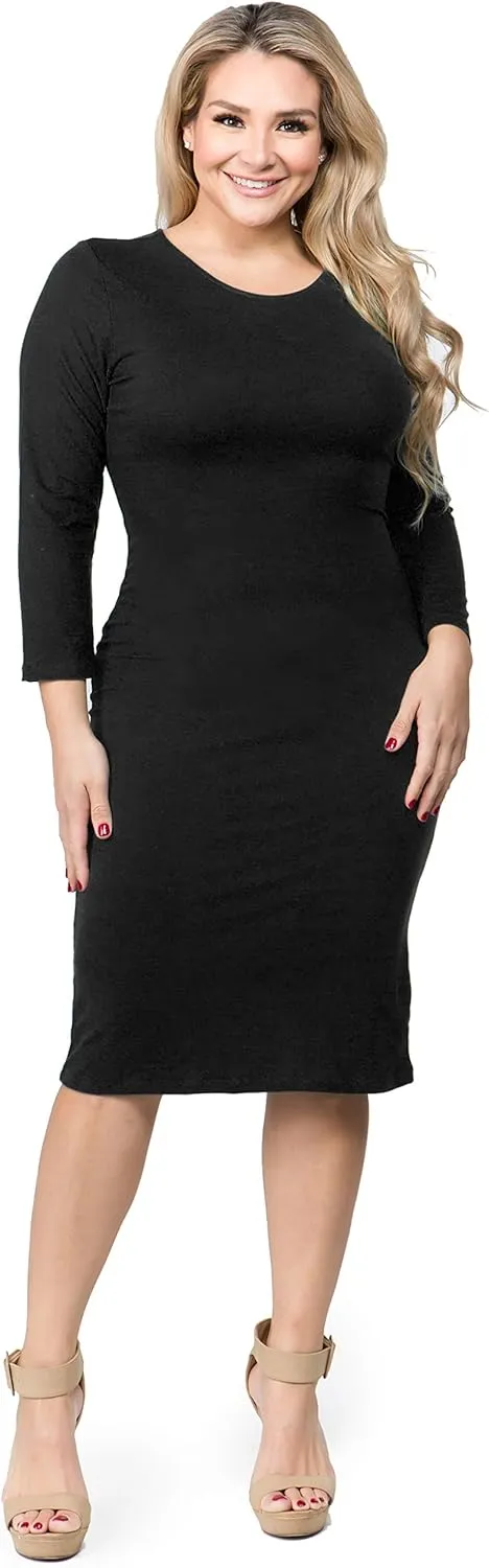 ICONOFLASH Women's 3/4 Sleeves Midi Bodycon Dress Crew Neck Fitted Dresses with Plus Size Options