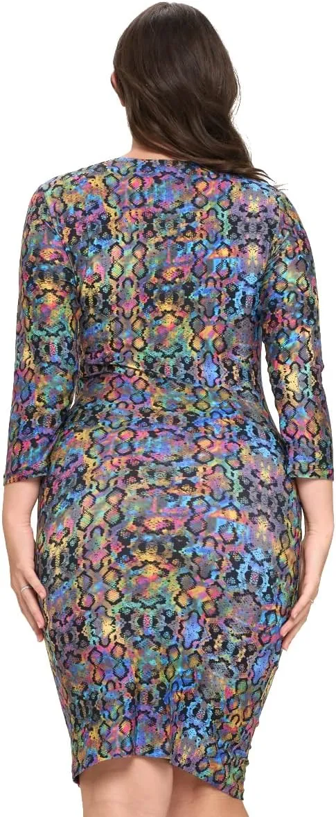 ICONOFLASH Women's 3/4 Sleeves Midi Bodycon Dress Crew Neck Fitted Dresses with Plus Size Options