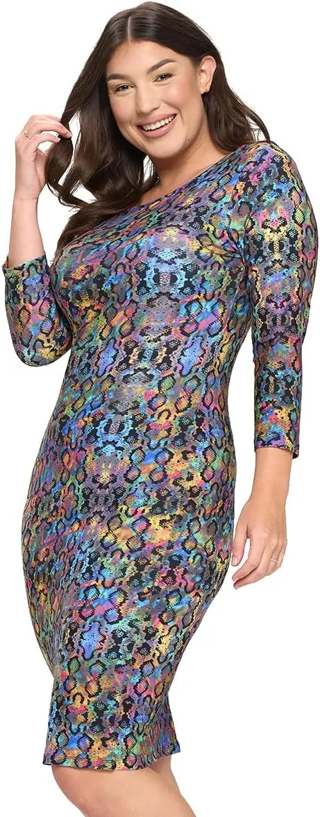 ICONOFLASH Women's 3/4 Sleeves Midi Bodycon Dress Crew Neck Fitted Dresses with Plus Size Options
