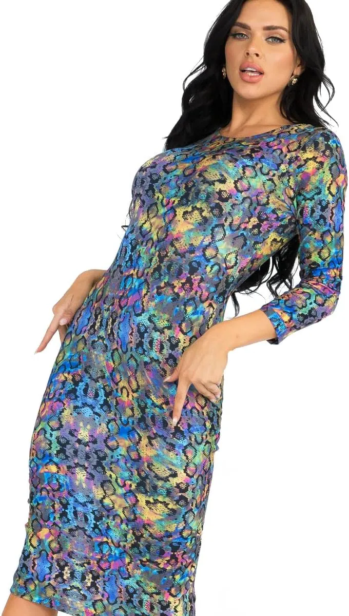 ICONOFLASH Women's 3/4 Sleeves Midi Bodycon Dress Crew Neck Fitted Dresses with Plus Size Options