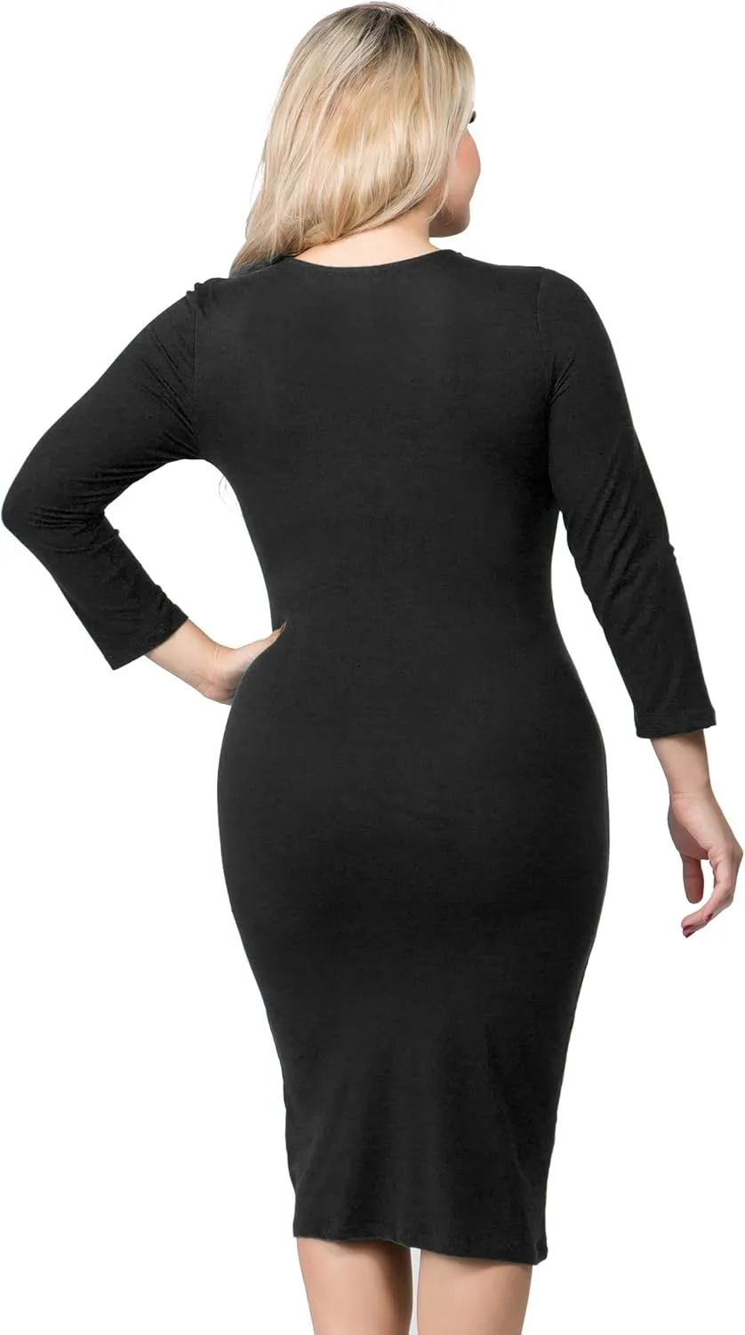 ICONOFLASH Women's 3/4 Sleeves Midi Bodycon Dress Crew Neck Fitted Dresses with Plus Size Options