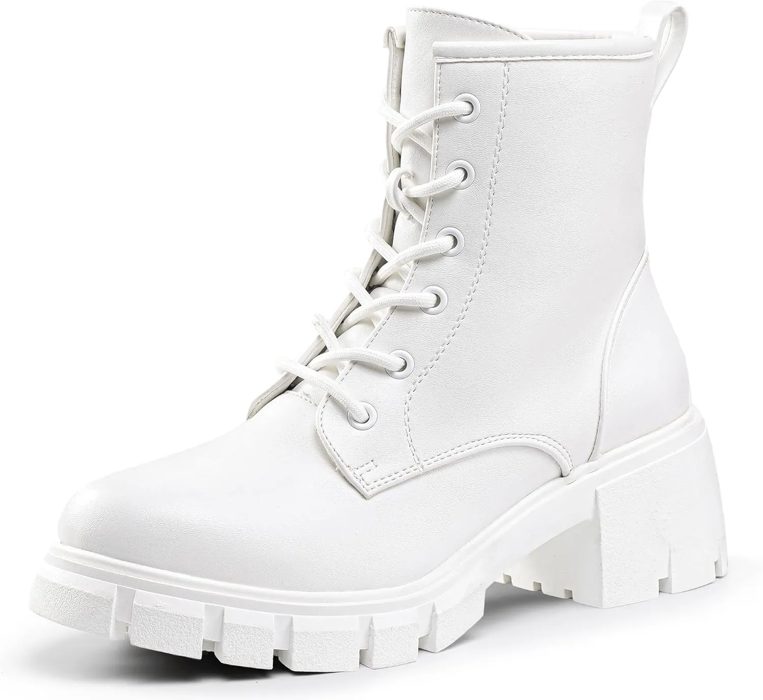 IDIFU IN2 Combat Boots Womens Ankle Boots Low Block Heel Fashion Chunky Short Platform Dress Boots for Women Round Toe Lace Up Boots Ladies Comfortable Cute Stylish Casual Work Lug Sole Booties