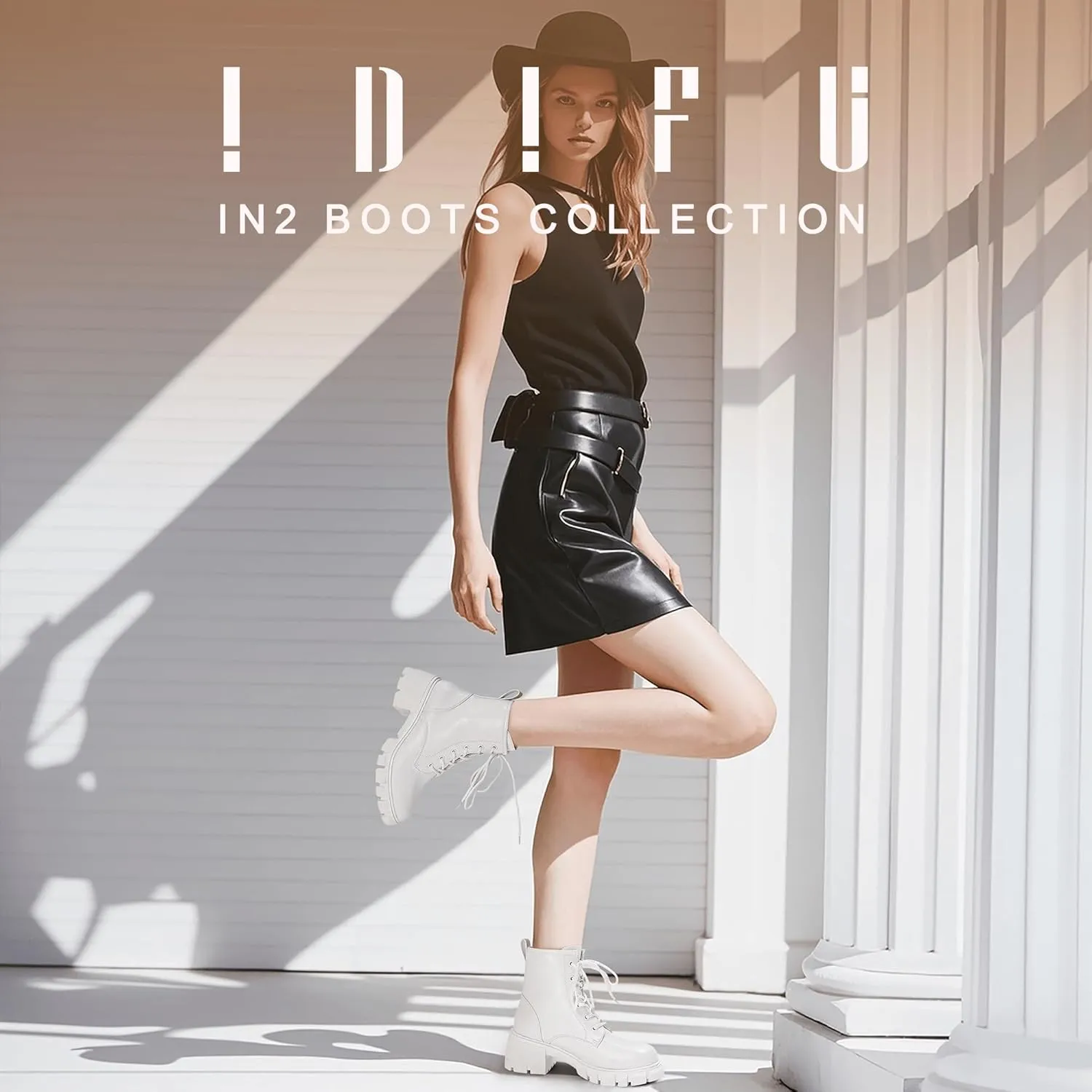 IDIFU IN2 Combat Boots Womens Ankle Boots Low Block Heel Fashion Chunky Short Platform Dress Boots for Women Round Toe Lace Up Boots Ladies Comfortable Cute Stylish Casual Work Lug Sole Booties