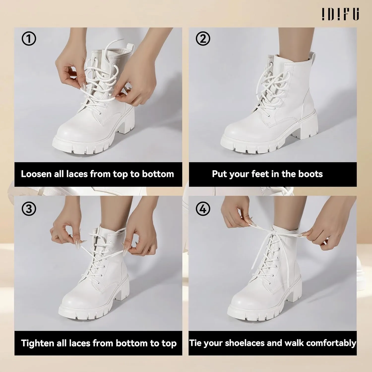 IDIFU IN2 Combat Boots Womens Ankle Boots Low Block Heel Fashion Chunky Short Platform Dress Boots for Women Round Toe Lace Up Boots Ladies Comfortable Cute Stylish Casual Work Lug Sole Booties