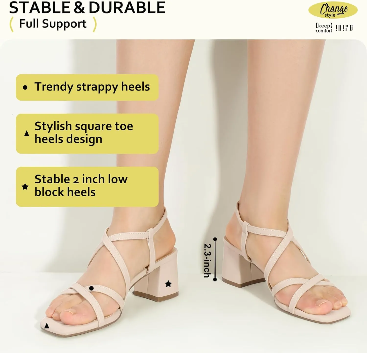 IDIFU IN2 Strappy Heels Chunky Block Square Toe Wedding Prom Bride Bridal Dance Party Dress Shoes for Women Trendy Comfortable Dressy Cute Casual Summer Heeled Sandals Slingback Low Short Heels