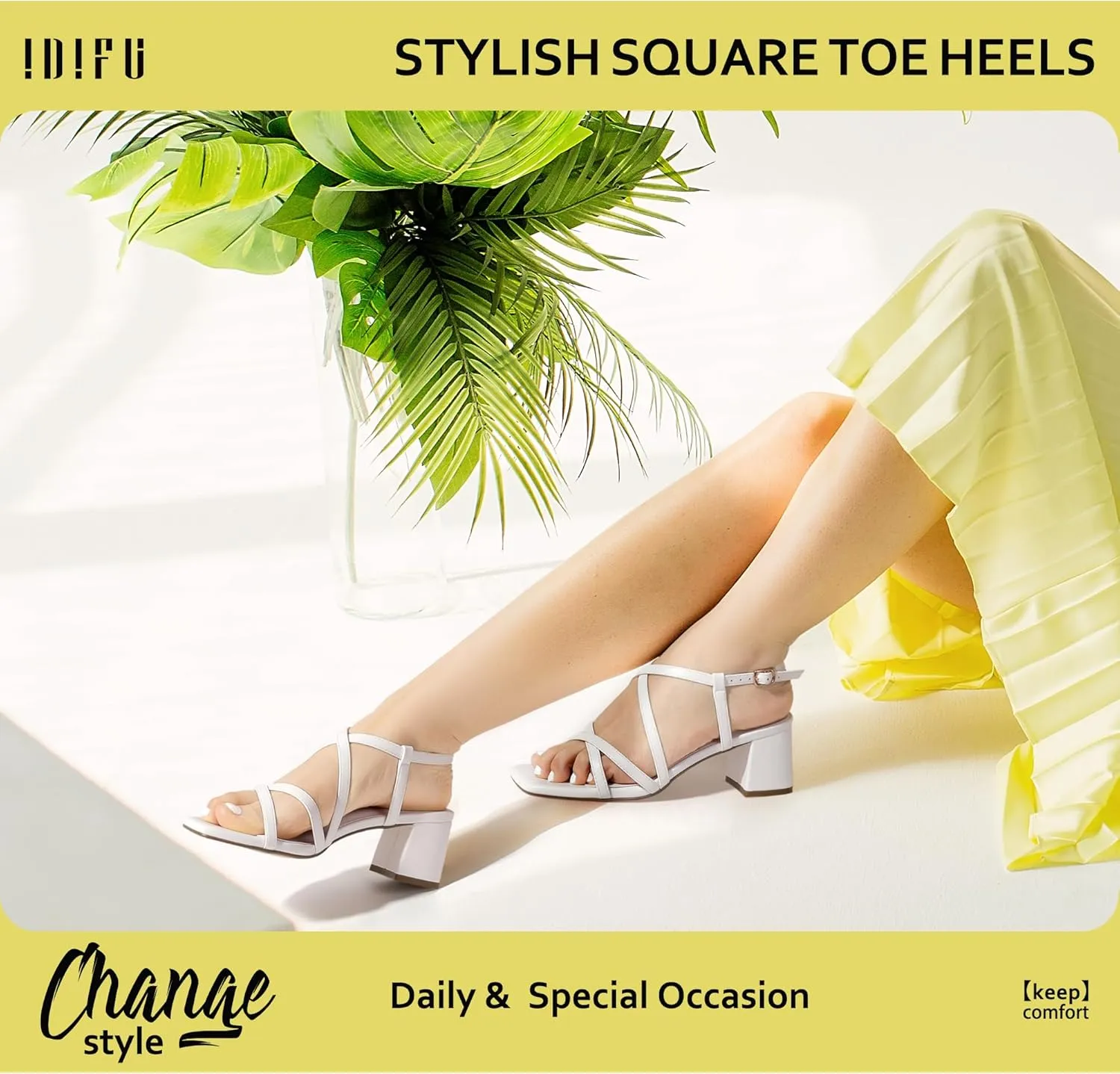 IDIFU IN2 Strappy Heels Chunky Block Square Toe Wedding Prom Bride Bridal Dance Party Dress Shoes for Women Trendy Comfortable Dressy Cute Casual Summer Heeled Sandals Slingback Low Short Heels