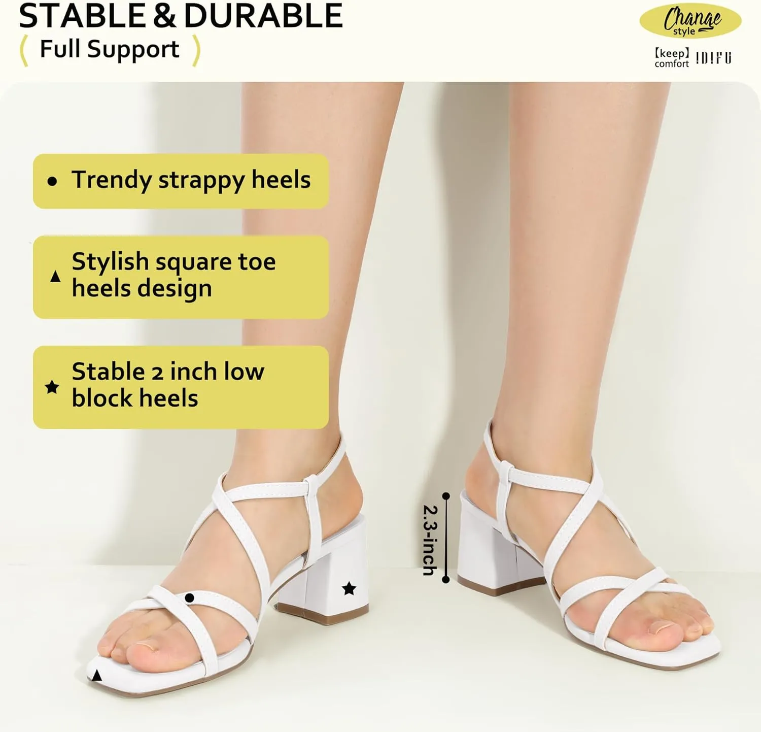 IDIFU IN2 Strappy Heels Chunky Block Square Toe Wedding Prom Bride Bridal Dance Party Dress Shoes for Women Trendy Comfortable Dressy Cute Casual Summer Heeled Sandals Slingback Low Short Heels