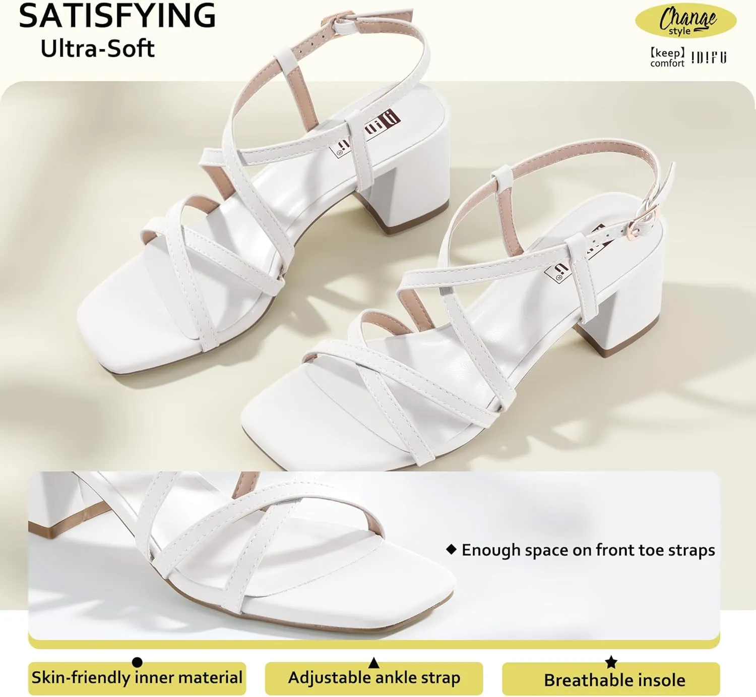 IDIFU IN2 Strappy Heels Chunky Block Square Toe Wedding Prom Bride Bridal Dance Party Dress Shoes for Women Trendy Comfortable Dressy Cute Casual Summer Heeled Sandals Slingback Low Short Heels