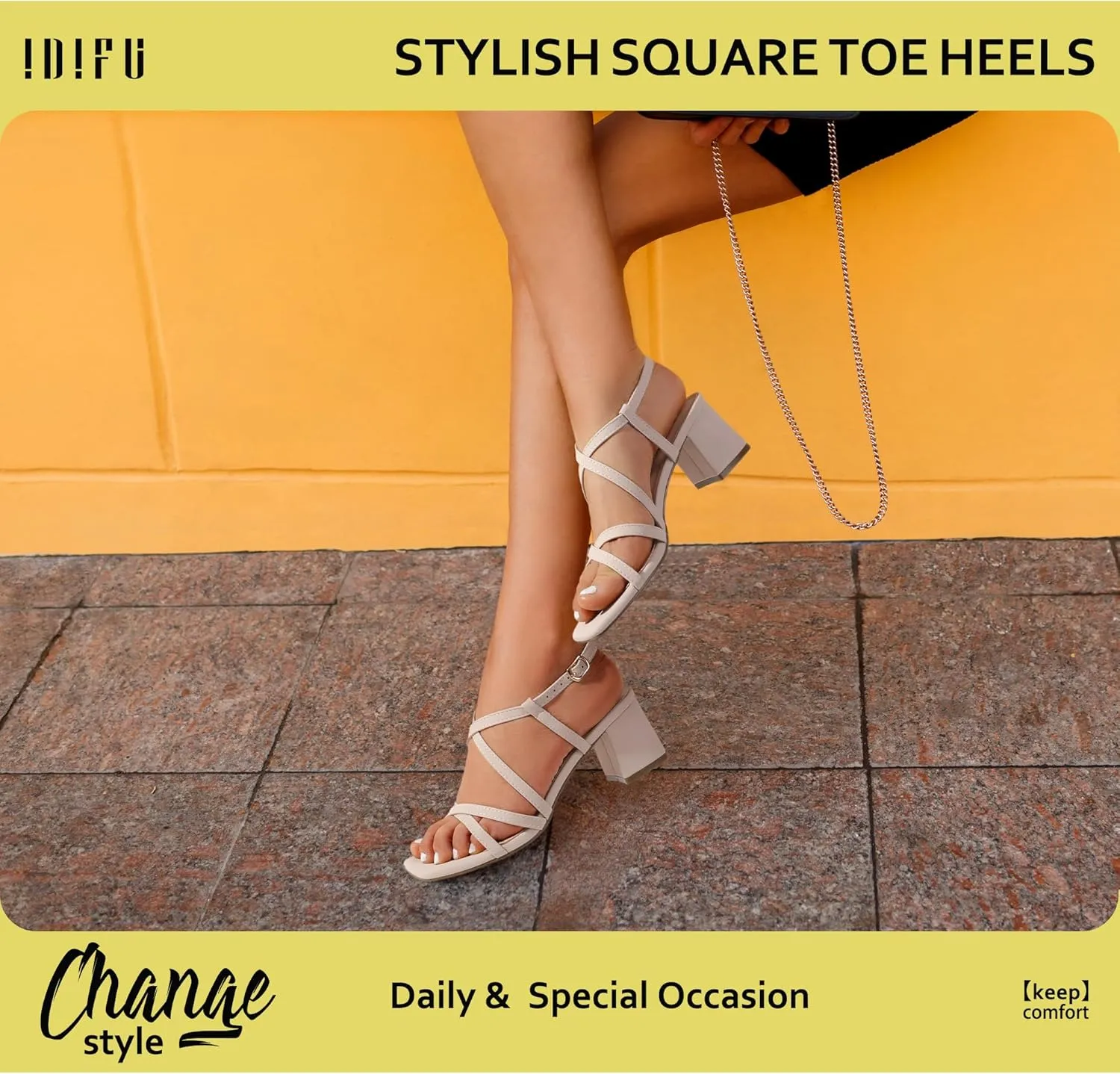 IDIFU IN2 Strappy Heels Chunky Block Square Toe Wedding Prom Bride Bridal Dance Party Dress Shoes for Women Trendy Comfortable Dressy Cute Casual Summer Heeled Sandals Slingback Low Short Heels