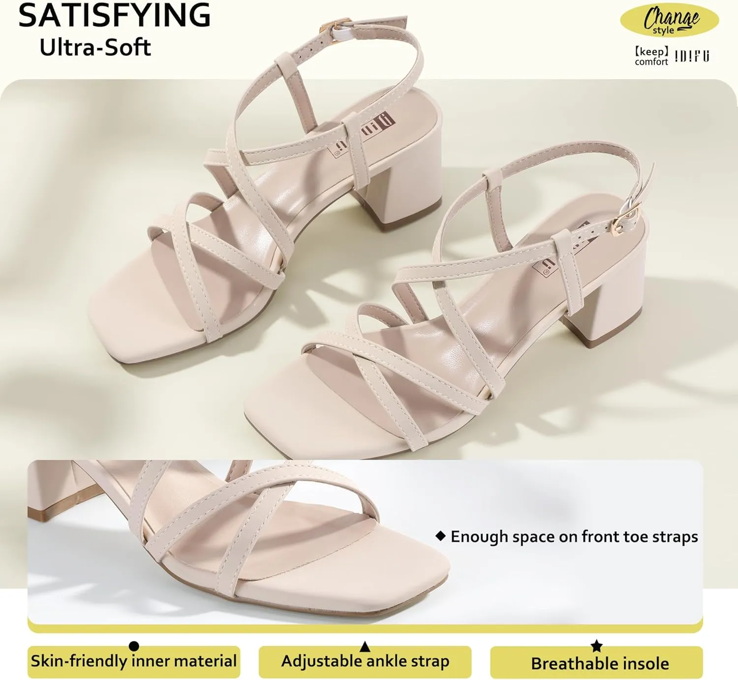 IDIFU IN2 Strappy Heels Chunky Block Square Toe Wedding Prom Bride Bridal Dance Party Dress Shoes for Women Trendy Comfortable Dressy Cute Casual Summer Heeled Sandals Slingback Low Short Heels