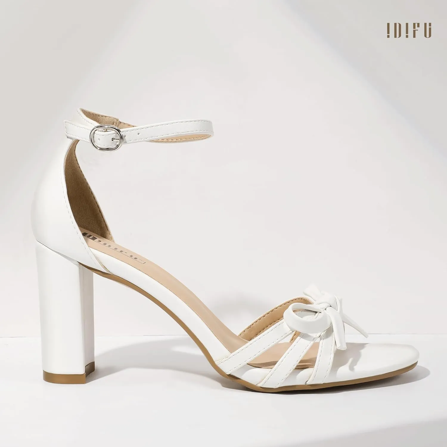 IDIFU IN3 High Heels Chunky Block Open Toe Bow Heels Wedding Bridal Prom Party Evening Homecoming Dress Shoes for Women Comfortable Cute Heeled Sandals Ankle Strap Round Toe Heels