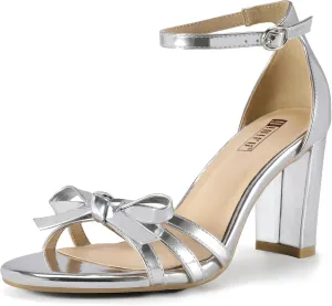 IDIFU IN3 High Heels Chunky Block Open Toe Bow Heels Wedding Bridal Prom Party Evening Homecoming Dress Shoes for Women Comfortable Cute Heeled Sandals Ankle Strap Round Toe Heels