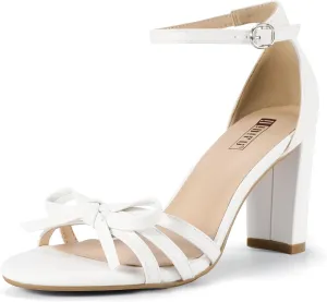 IDIFU IN3 High Heels Chunky Block Open Toe Bow Heels Wedding Bridal Prom Party Evening Homecoming Dress Shoes for Women Comfortable Cute Heeled Sandals Ankle Strap Round Toe Heels