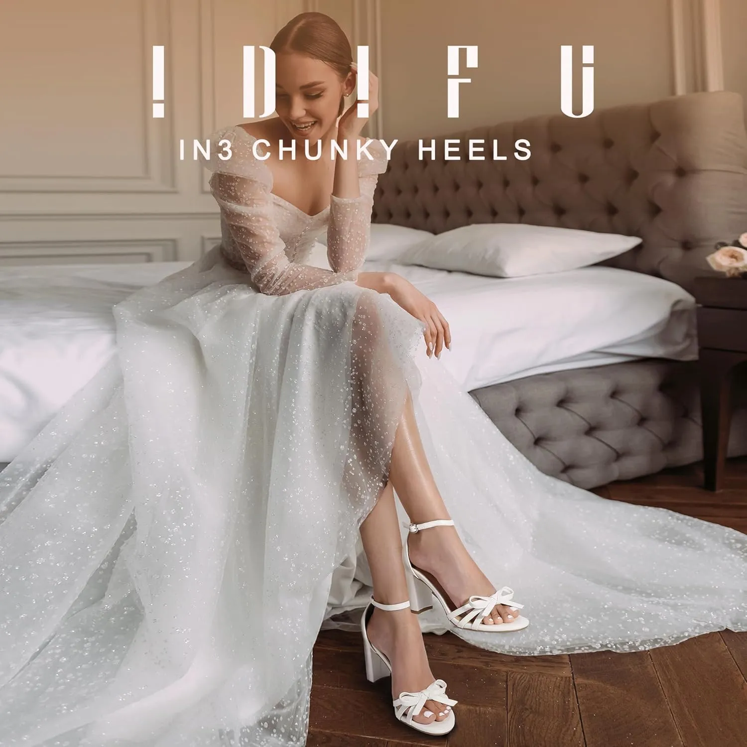 IDIFU IN3 High Heels Chunky Block Open Toe Bow Heels Wedding Bridal Prom Party Evening Homecoming Dress Shoes for Women Comfortable Cute Heeled Sandals Ankle Strap Round Toe Heels
