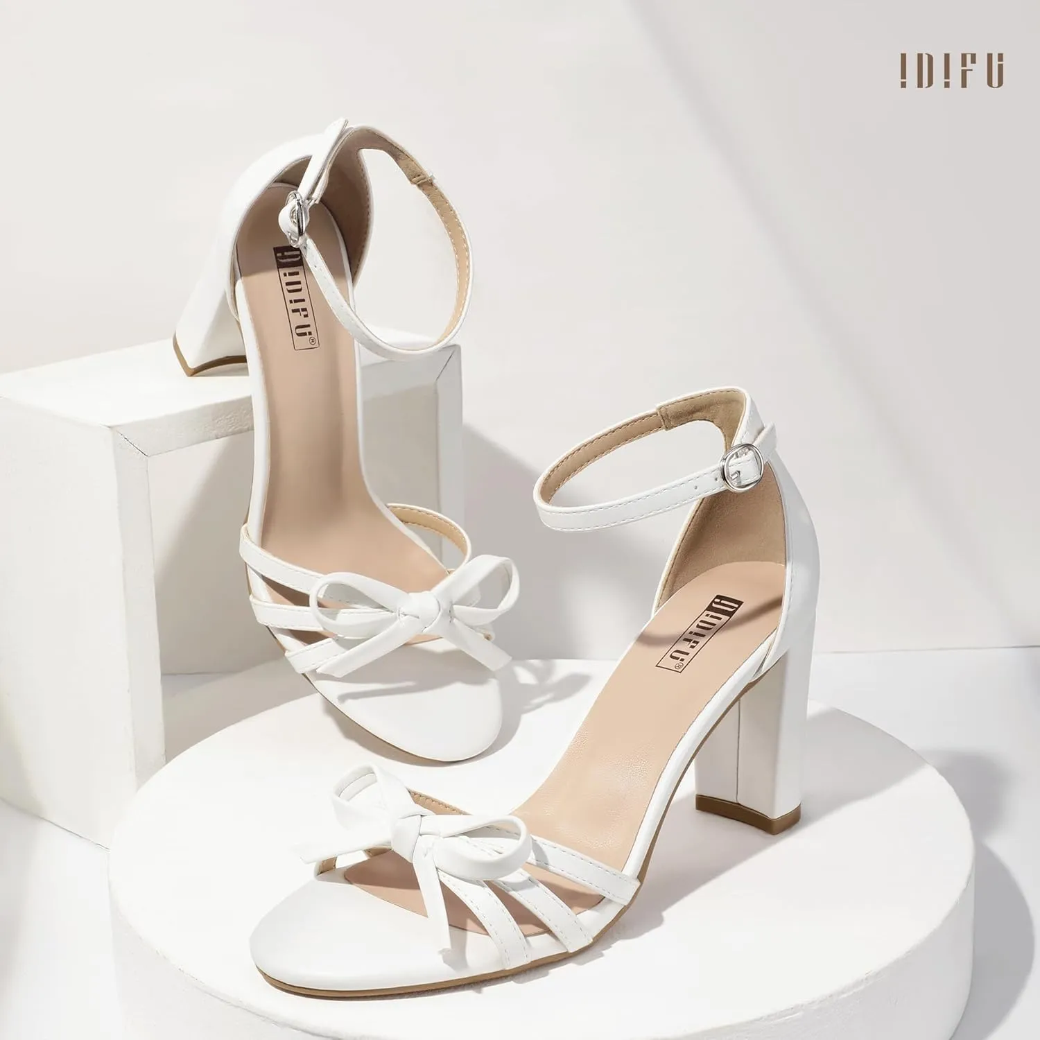 IDIFU IN3 High Heels Chunky Block Open Toe Bow Heels Wedding Bridal Prom Party Evening Homecoming Dress Shoes for Women Comfortable Cute Heeled Sandals Ankle Strap Round Toe Heels