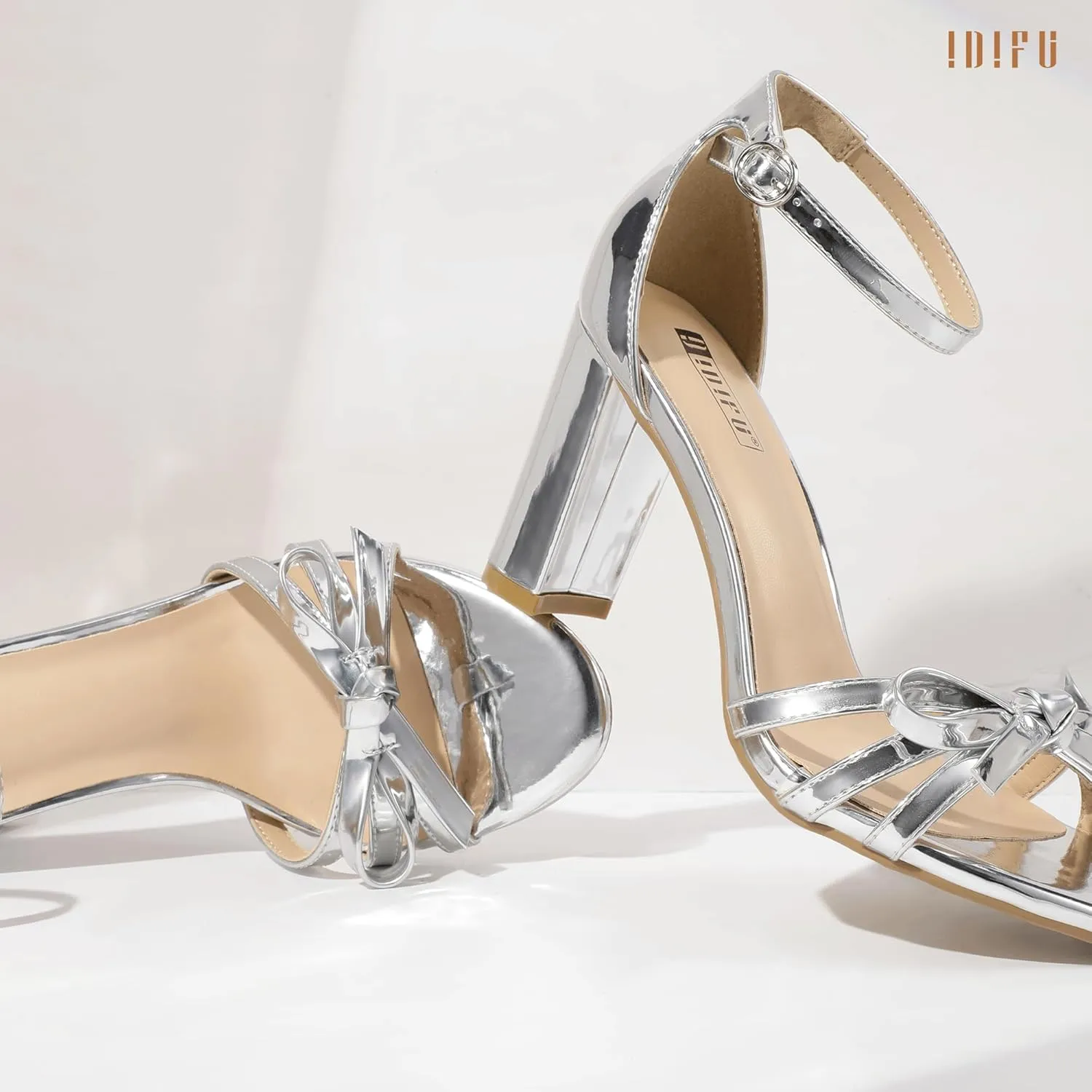IDIFU IN3 High Heels Chunky Block Open Toe Bow Heels Wedding Bridal Prom Party Evening Homecoming Dress Shoes for Women Comfortable Cute Heeled Sandals Ankle Strap Round Toe Heels