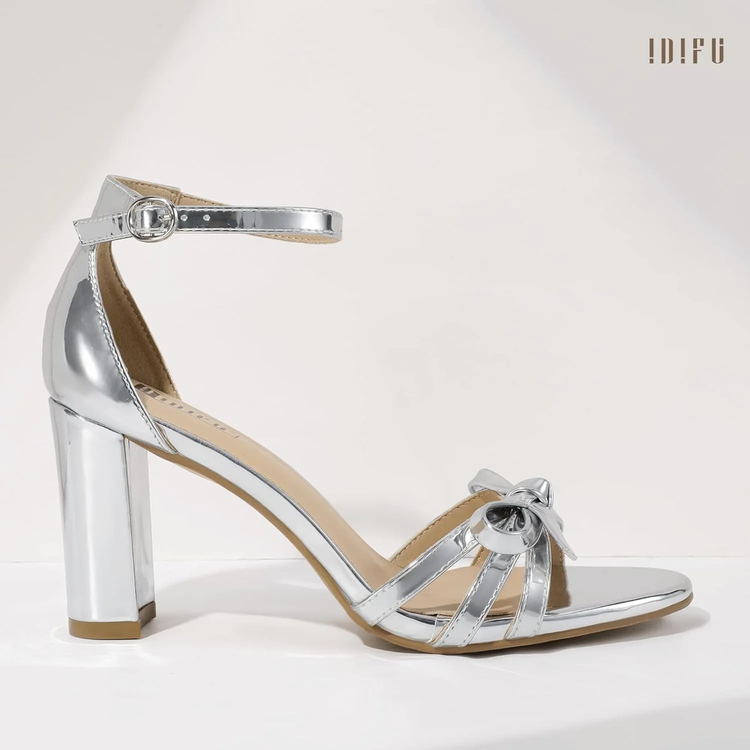 IDIFU IN3 High Heels Chunky Block Open Toe Bow Heels Wedding Bridal Prom Party Evening Homecoming Dress Shoes for Women Comfortable Cute Heeled Sandals Ankle Strap Round Toe Heels
