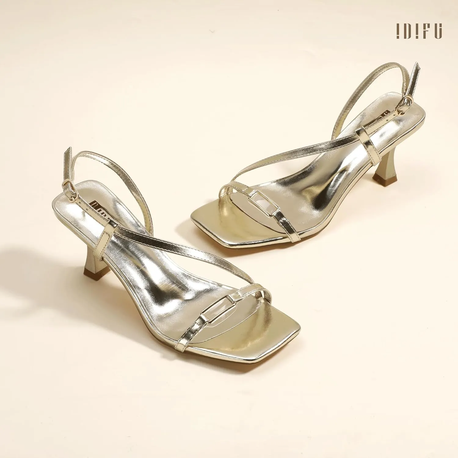 IDIFU IN3 Kitten Heels Strappy Slingback Open Square Toe Short Low Small Heeled Sandals Wedding Bridal Prom Bride Bridesmaid Dress Shoes For Women Comfortable Work Cute Trendy Fashion Heels