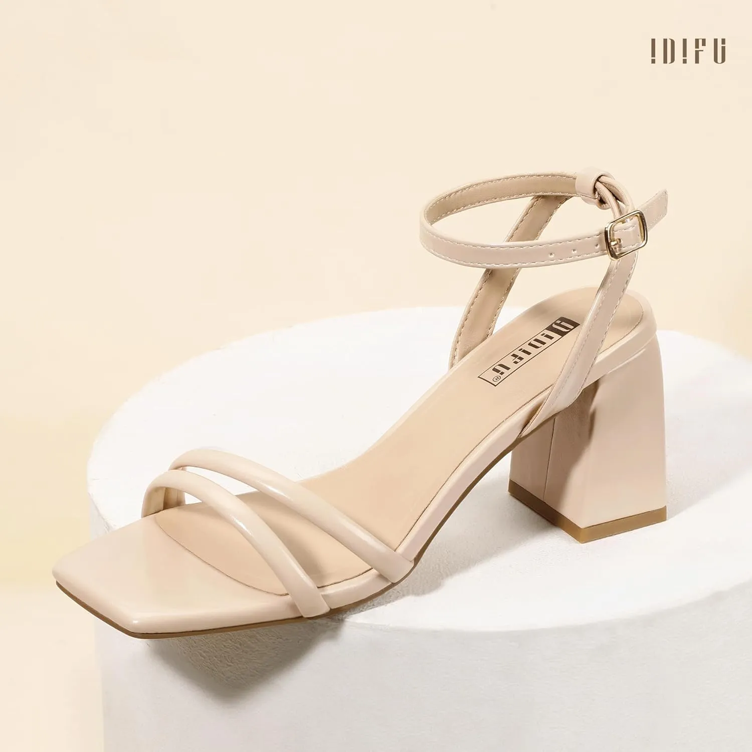 IDIFU IN3 Women's Strappy Heels Chunky Block Square Open Toe Adjustable Ankle Strap Heeled Sandals Slingback Thick Low Wedding Prom Bridal Dress Shoes for Women Short Heels