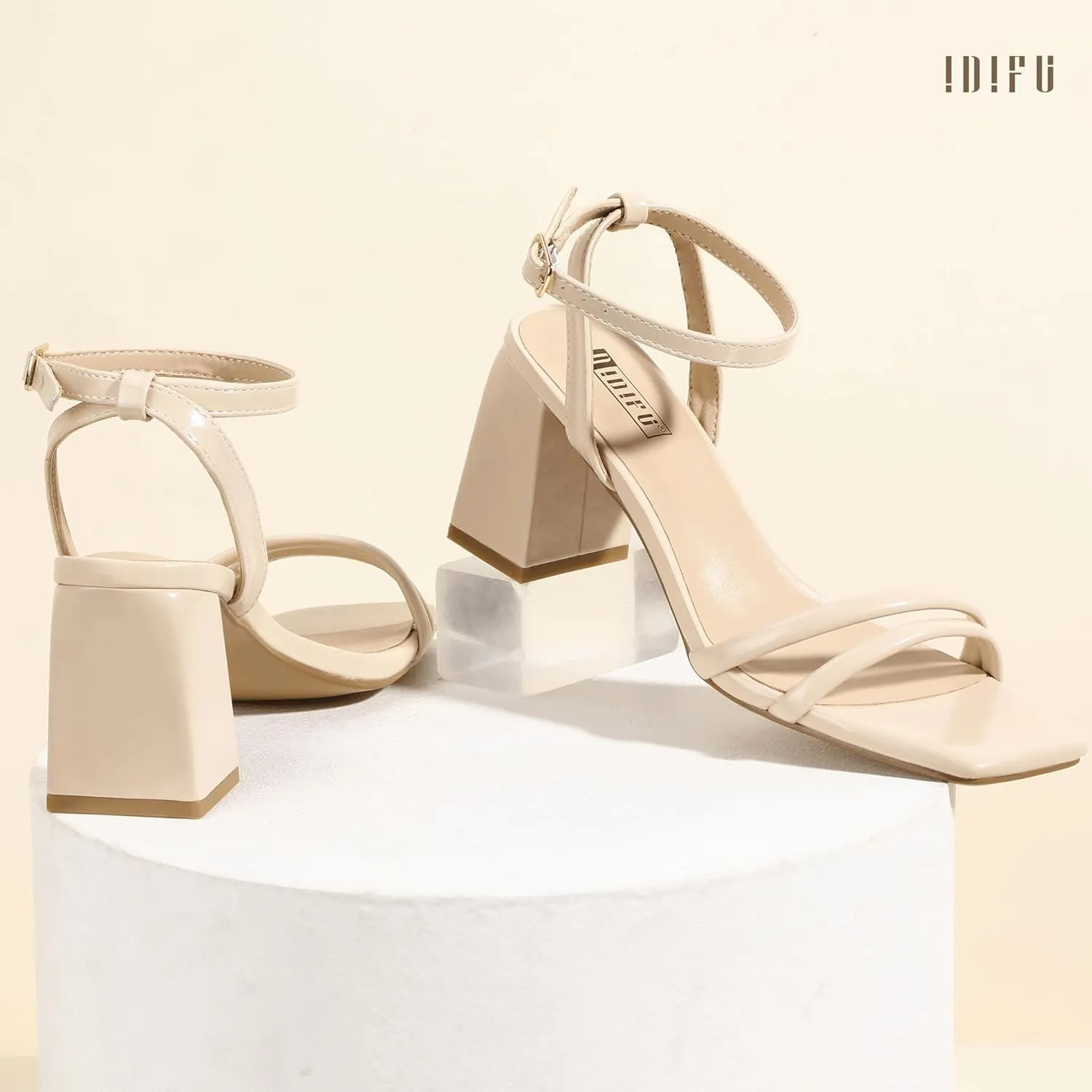 IDIFU IN3 Women's Strappy Heels Chunky Block Square Open Toe Adjustable Ankle Strap Heeled Sandals Slingback Thick Low Wedding Prom Bridal Dress Shoes for Women Short Heels