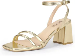 IDIFU IN3 Women's Strappy Heels Chunky Block Square Open Toe Adjustable Ankle Strap Heeled Sandals Slingback Thick Low Wedding Prom Bridal Dress Shoes for Women Short Heels