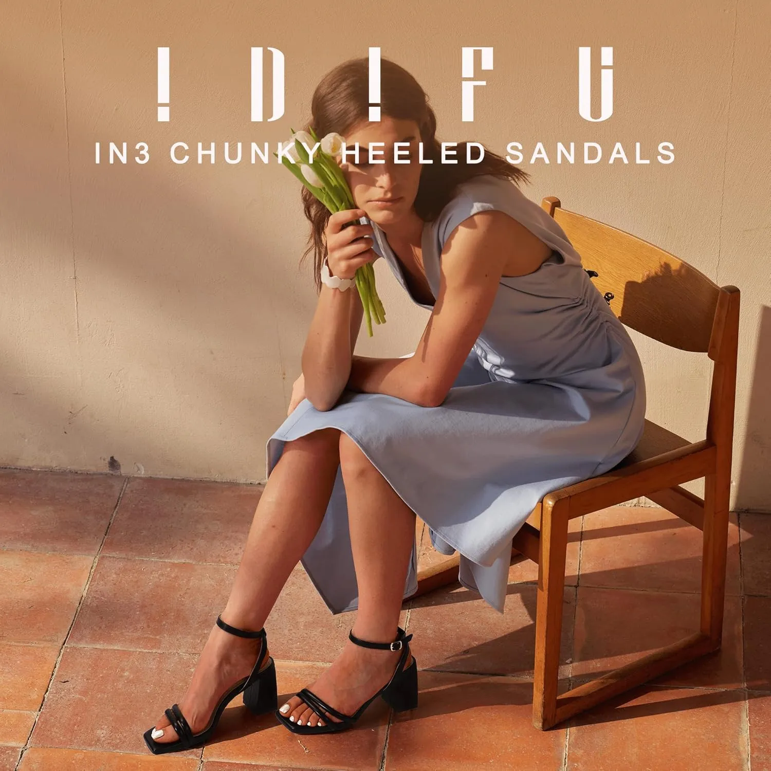 IDIFU IN3 Women's Strappy Heels Chunky Block Square Open Toe Adjustable Ankle Strap Heeled Sandals Slingback Thick Low Wedding Prom Bridal Dress Shoes for Women Short Heels