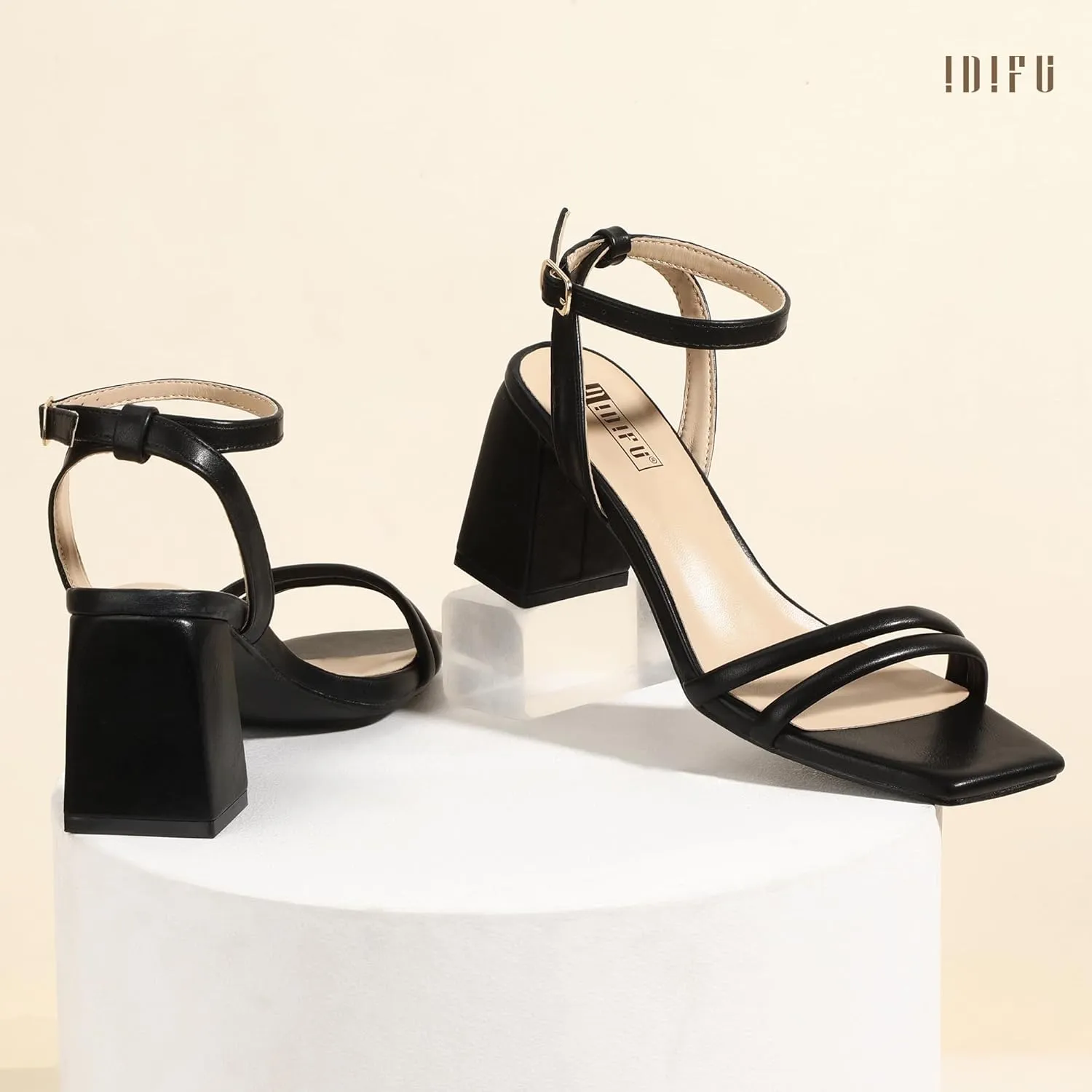 IDIFU IN3 Women's Strappy Heels Chunky Block Square Open Toe Adjustable Ankle Strap Heeled Sandals Slingback Thick Low Wedding Prom Bridal Dress Shoes for Women Short Heels
