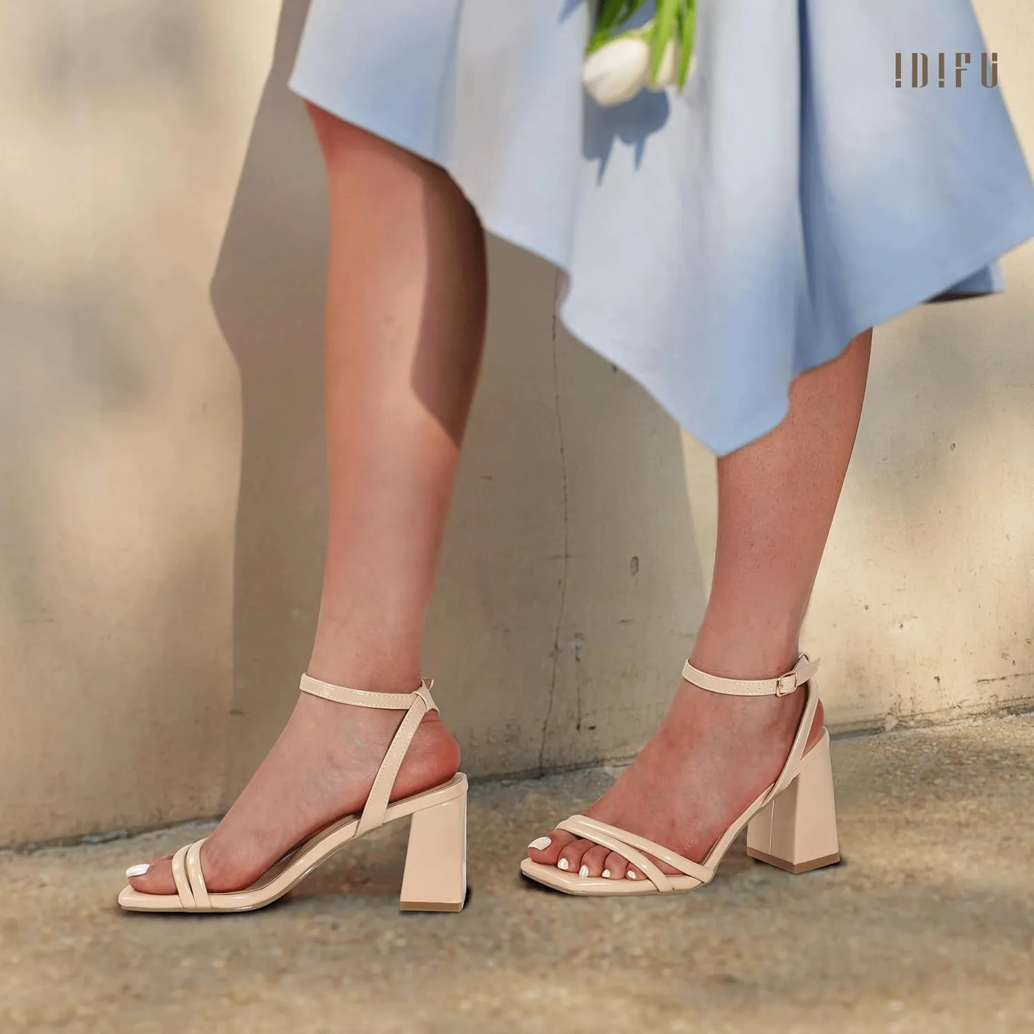 IDIFU IN3 Women's Strappy Heels Chunky Block Square Open Toe Adjustable Ankle Strap Heeled Sandals Slingback Thick Low Wedding Prom Bridal Dress Shoes for Women Short Heels