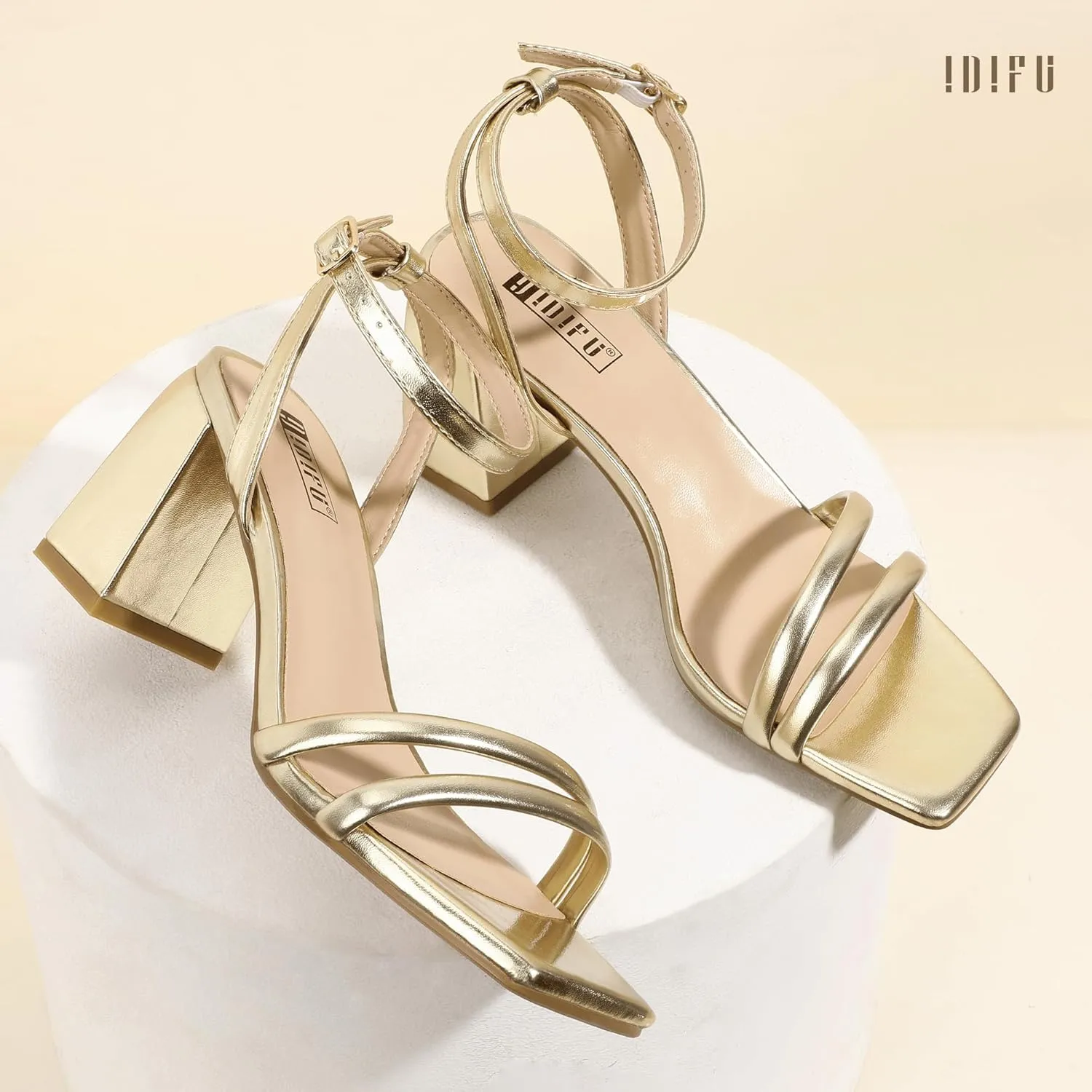 IDIFU IN3 Women's Strappy Heels Chunky Block Square Open Toe Adjustable Ankle Strap Heeled Sandals Slingback Thick Low Wedding Prom Bridal Dress Shoes for Women Short Heels