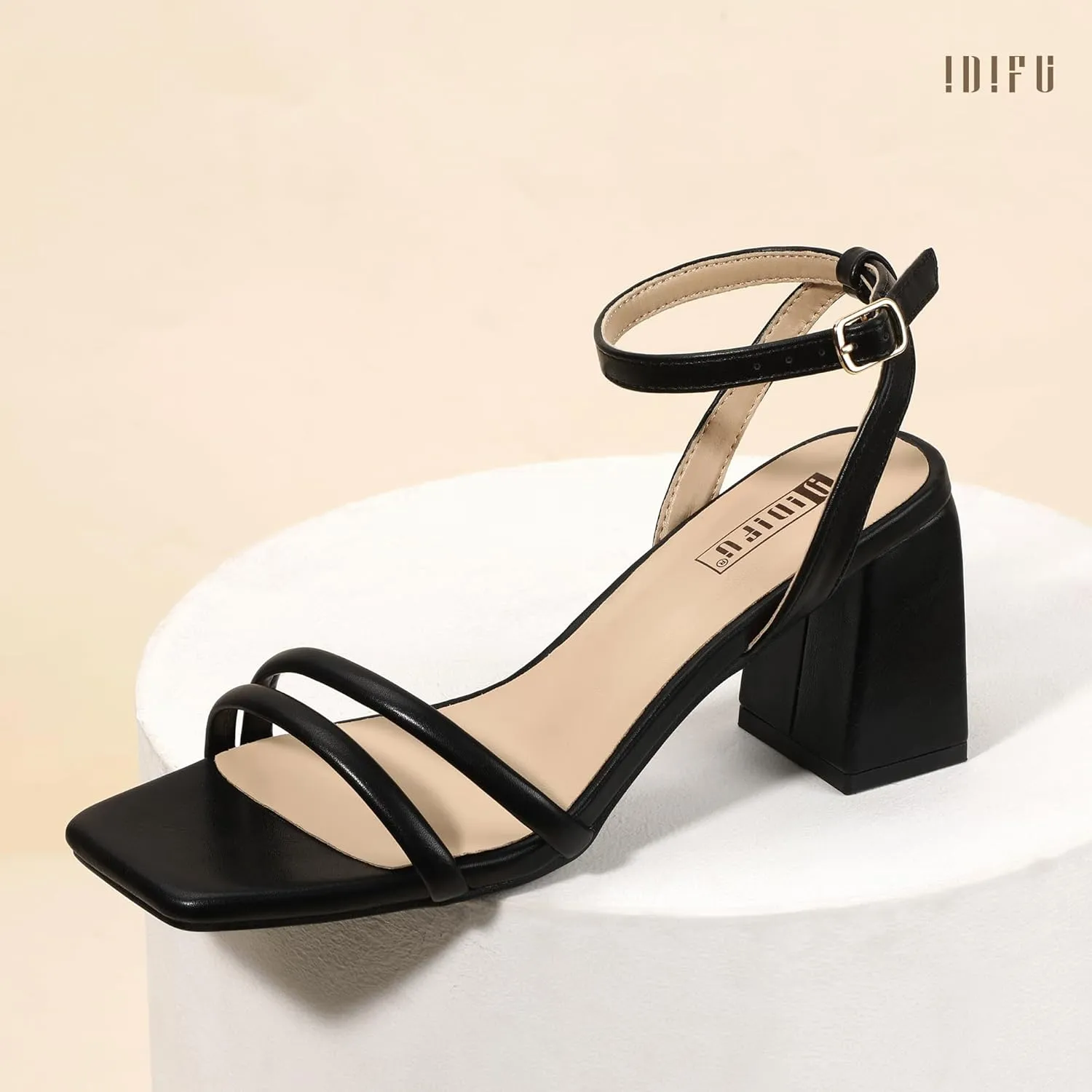 IDIFU IN3 Women's Strappy Heels Chunky Block Square Open Toe Adjustable Ankle Strap Heeled Sandals Slingback Thick Low Wedding Prom Bridal Dress Shoes for Women Short Heels