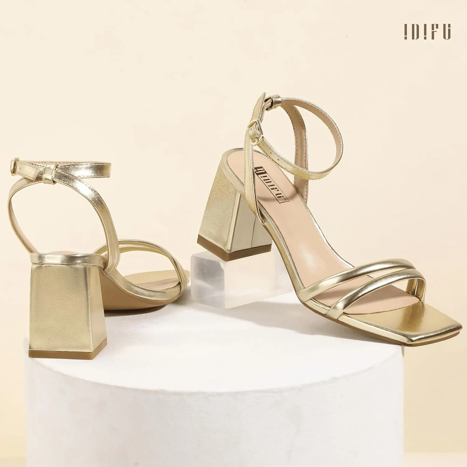 IDIFU IN3 Women's Strappy Heels Chunky Block Square Open Toe Adjustable Ankle Strap Heeled Sandals Slingback Thick Low Wedding Prom Bridal Dress Shoes for Women Short Heels