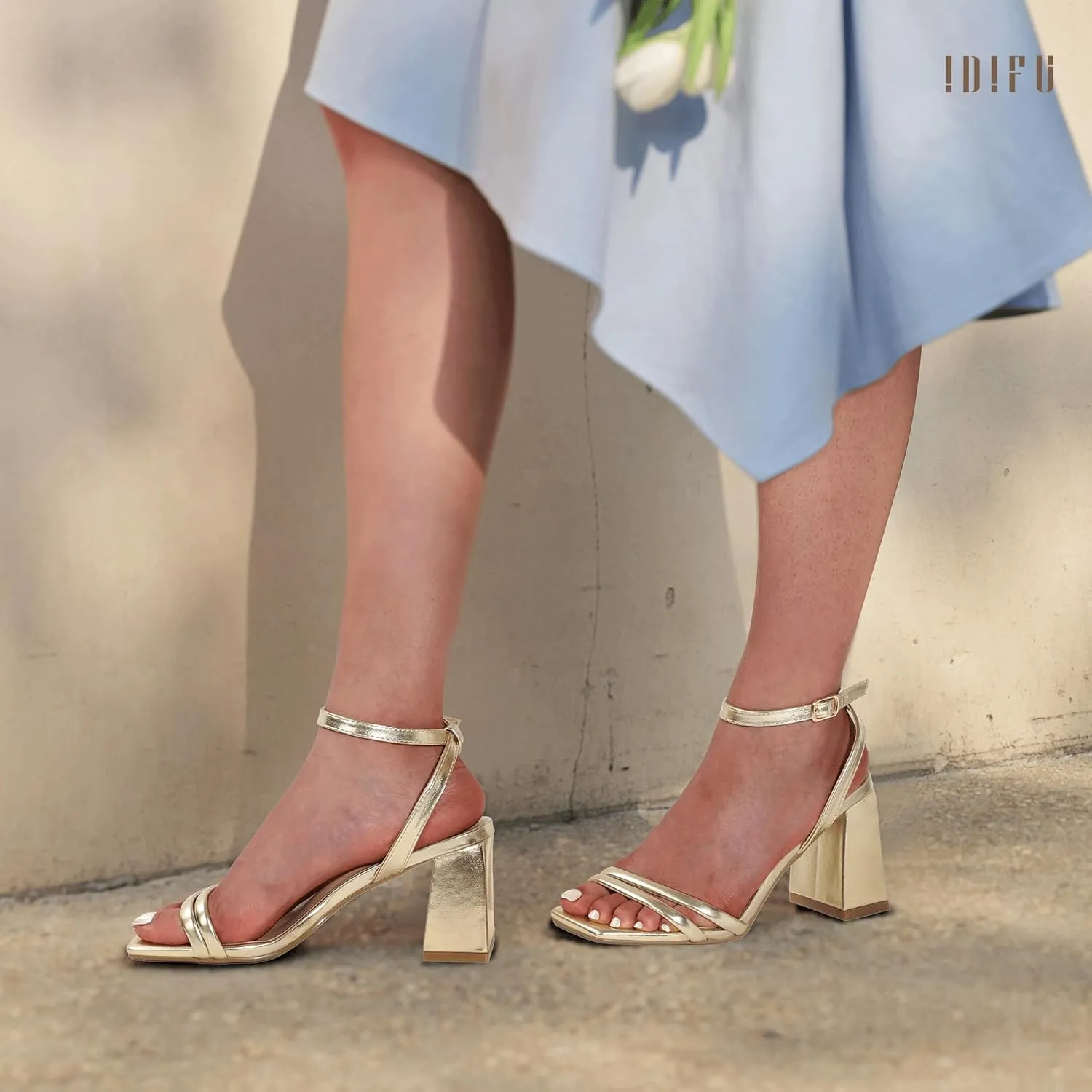 IDIFU IN3 Women's Strappy Heels Chunky Block Square Open Toe Adjustable Ankle Strap Heeled Sandals Slingback Thick Low Wedding Prom Bridal Dress Shoes for Women Short Heels