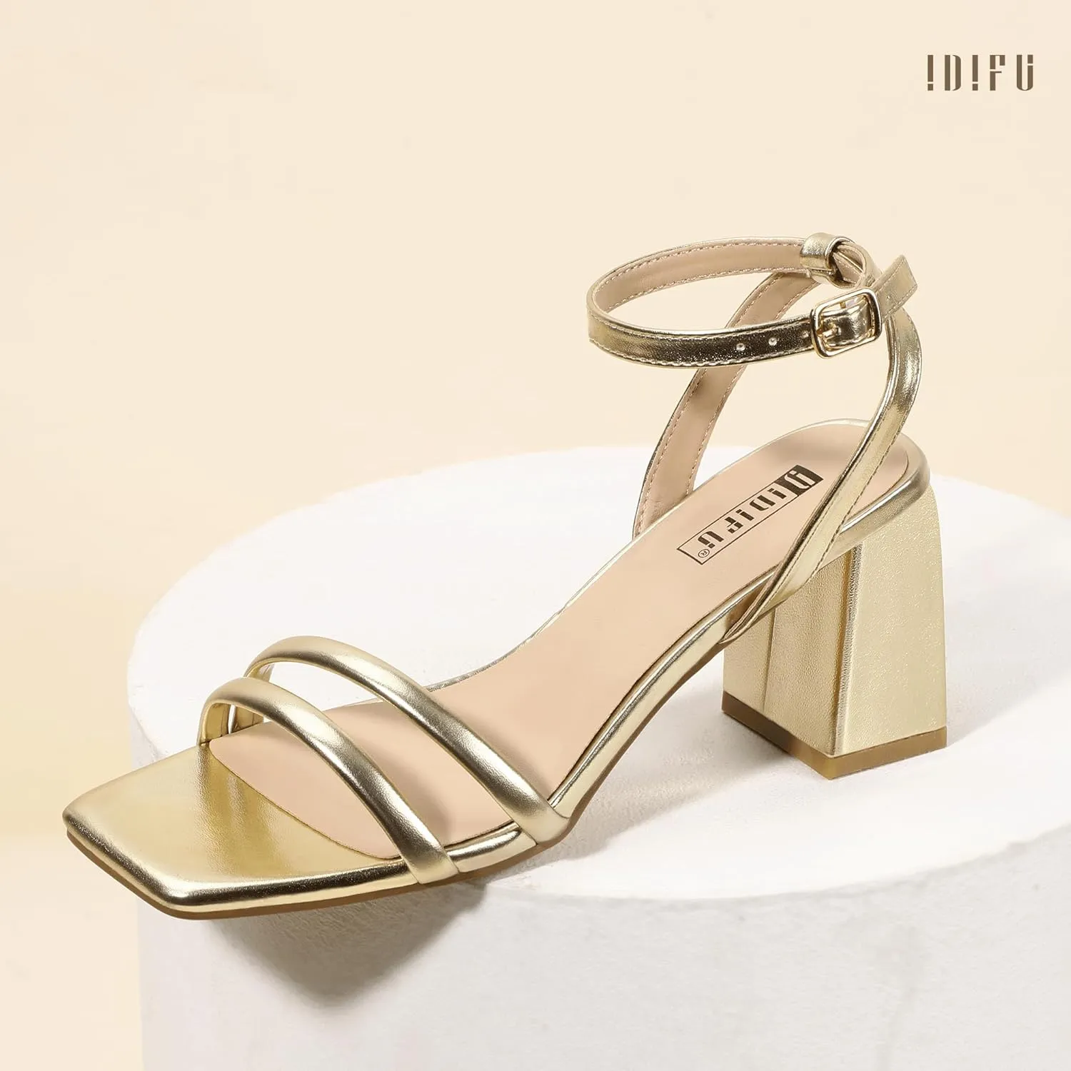 IDIFU IN3 Women's Strappy Heels Chunky Block Square Open Toe Adjustable Ankle Strap Heeled Sandals Slingback Thick Low Wedding Prom Bridal Dress Shoes for Women Short Heels