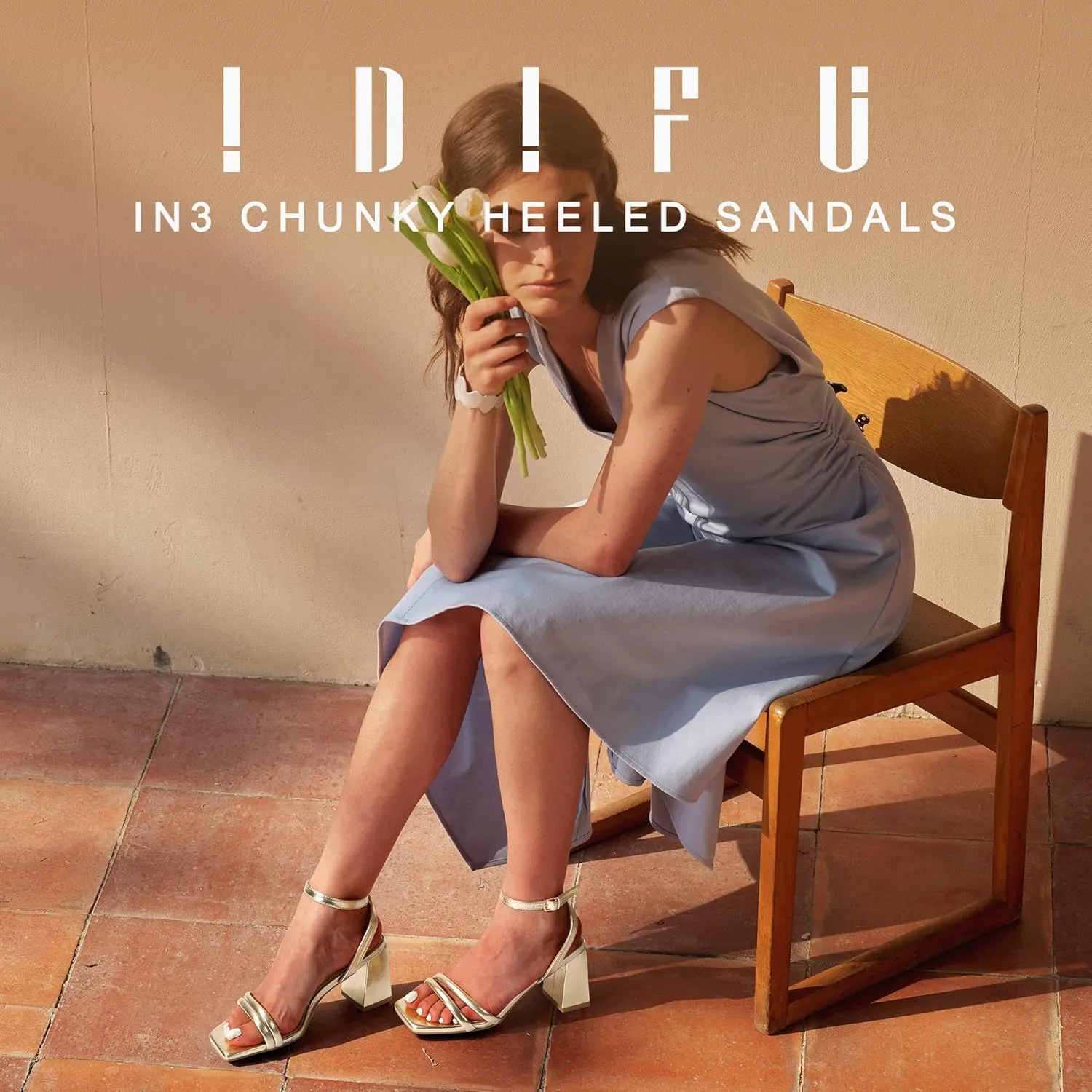 IDIFU IN3 Women's Strappy Heels Chunky Block Square Open Toe Adjustable Ankle Strap Heeled Sandals Slingback Thick Low Wedding Prom Bridal Dress Shoes for Women Short Heels