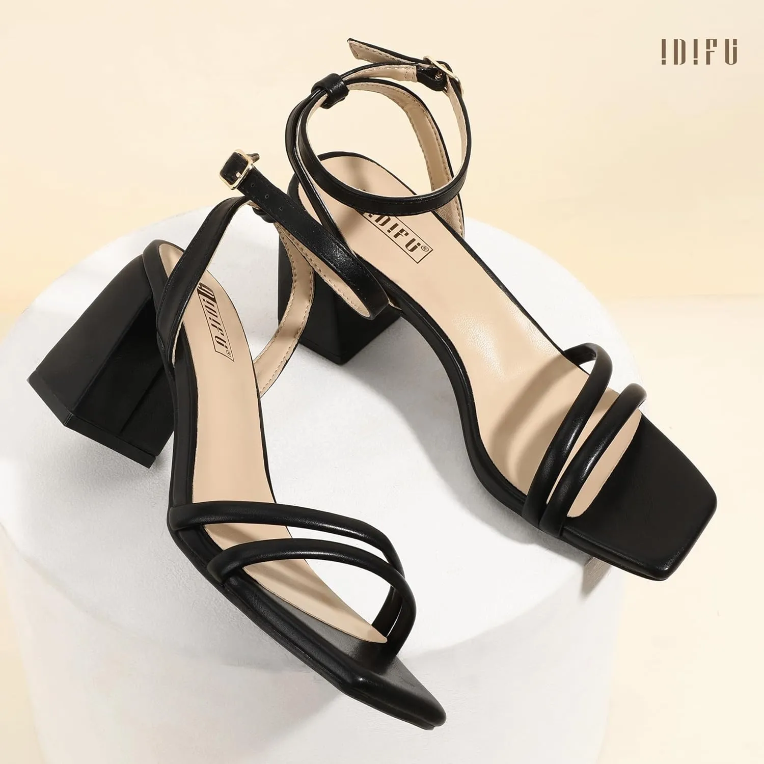 IDIFU IN3 Women's Strappy Heels Chunky Block Square Open Toe Adjustable Ankle Strap Heeled Sandals Slingback Thick Low Wedding Prom Bridal Dress Shoes for Women Short Heels