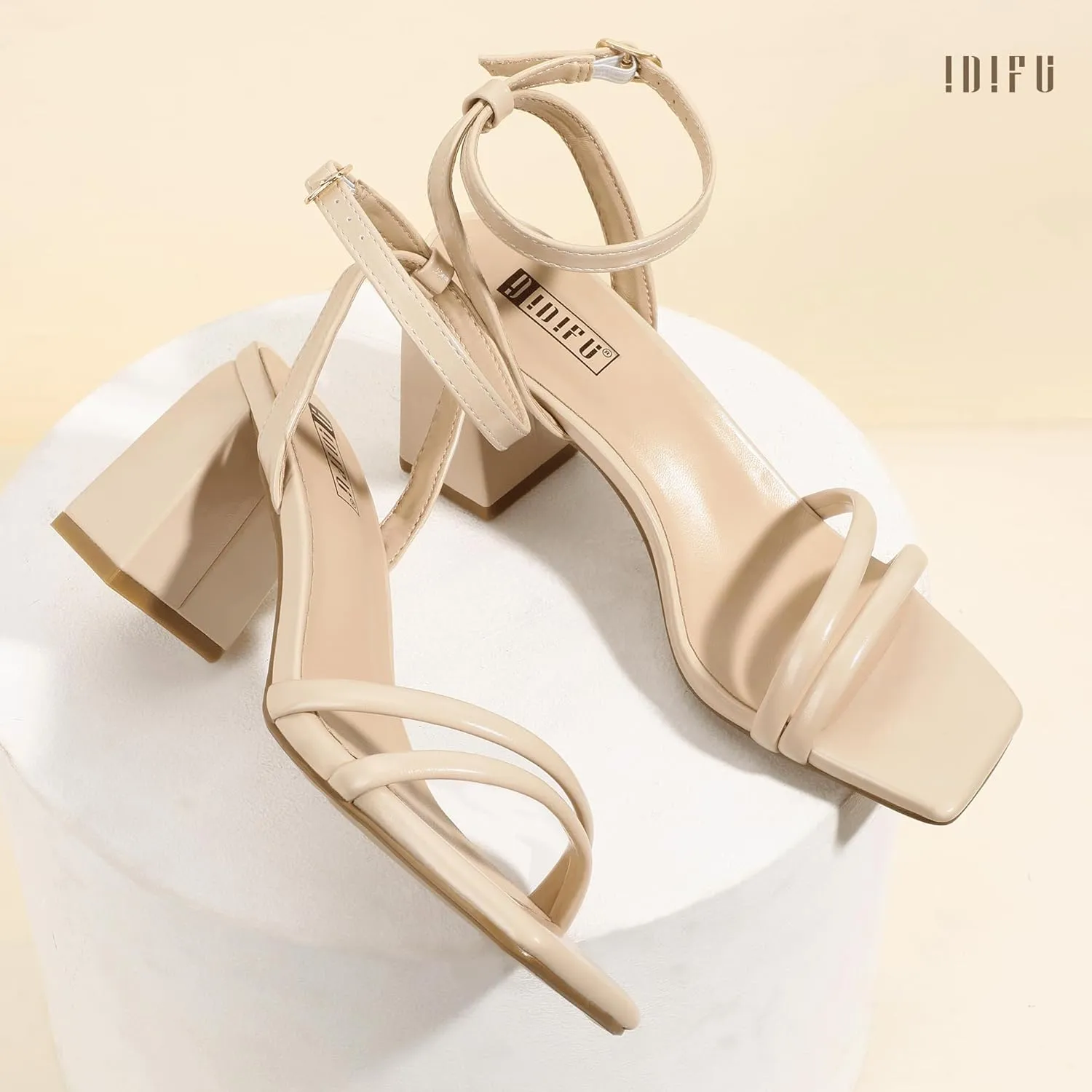 IDIFU IN3 Women's Strappy Heels Chunky Block Square Open Toe Adjustable Ankle Strap Heeled Sandals Slingback Thick Low Wedding Prom Bridal Dress Shoes for Women Short Heels