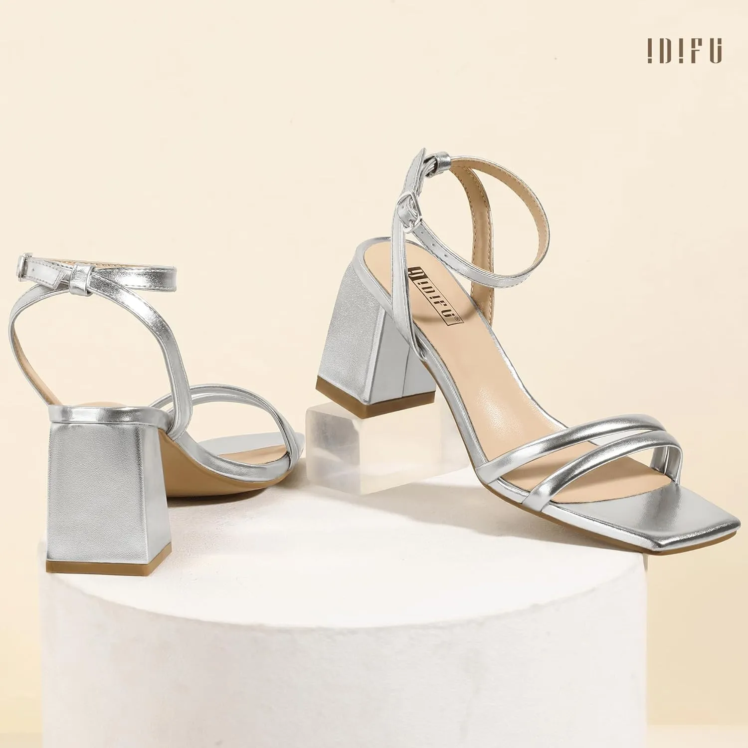 IDIFU IN3 Women's Strappy Heels Chunky Block Square Open Toe Adjustable Ankle Strap Heeled Sandals Slingback Thick Low Wedding Prom Bridal Dress Shoes for Women Short Small Heels