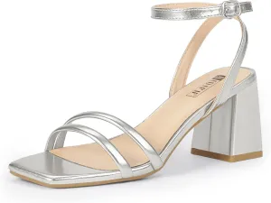 IDIFU IN3 Women's Strappy Heels Chunky Block Square Open Toe Adjustable Ankle Strap Heeled Sandals Slingback Thick Low Wedding Prom Bridal Dress Shoes for Women Short Small Heels