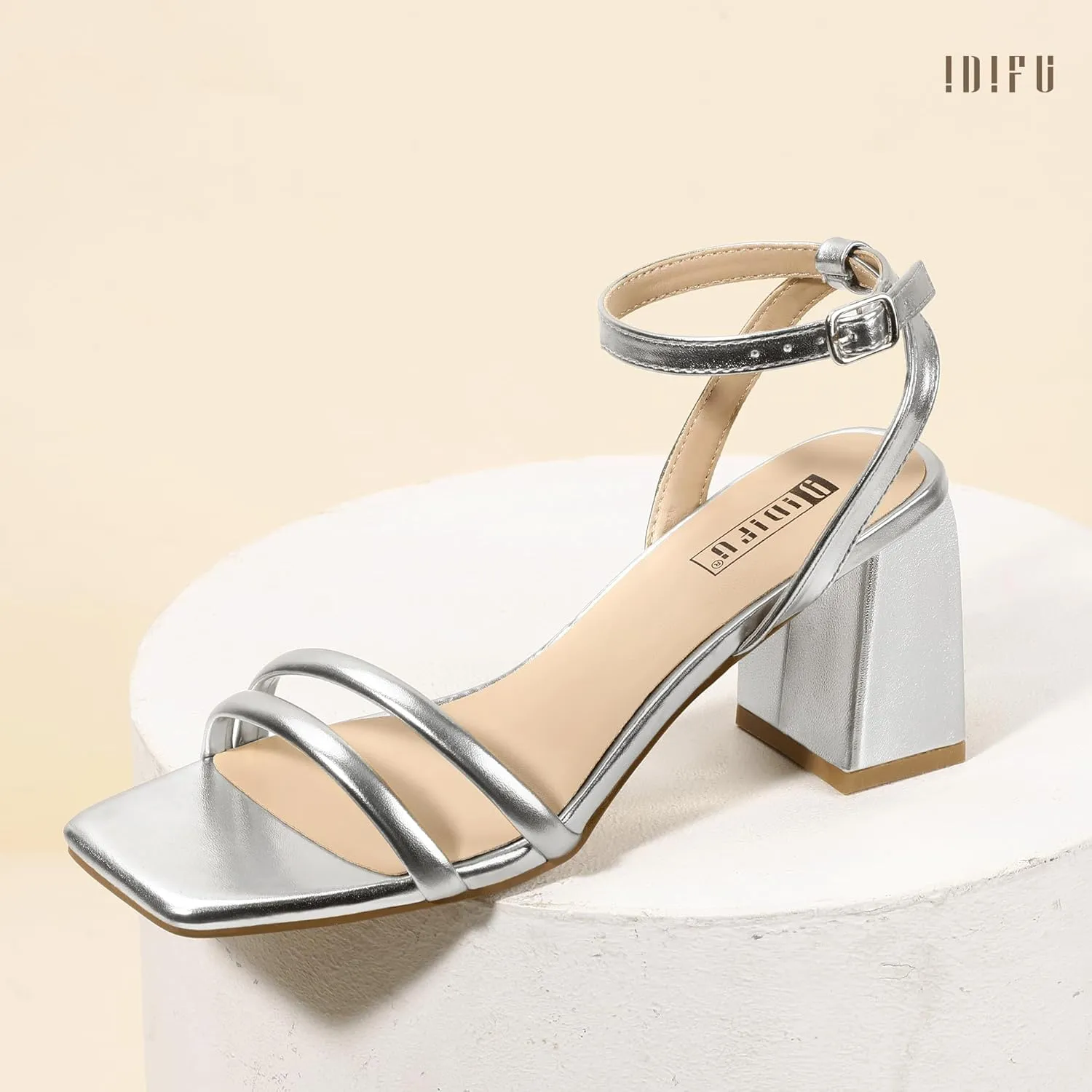 IDIFU IN3 Women's Strappy Heels Chunky Block Square Open Toe Adjustable Ankle Strap Heeled Sandals Slingback Thick Low Wedding Prom Bridal Dress Shoes for Women Short Small Heels