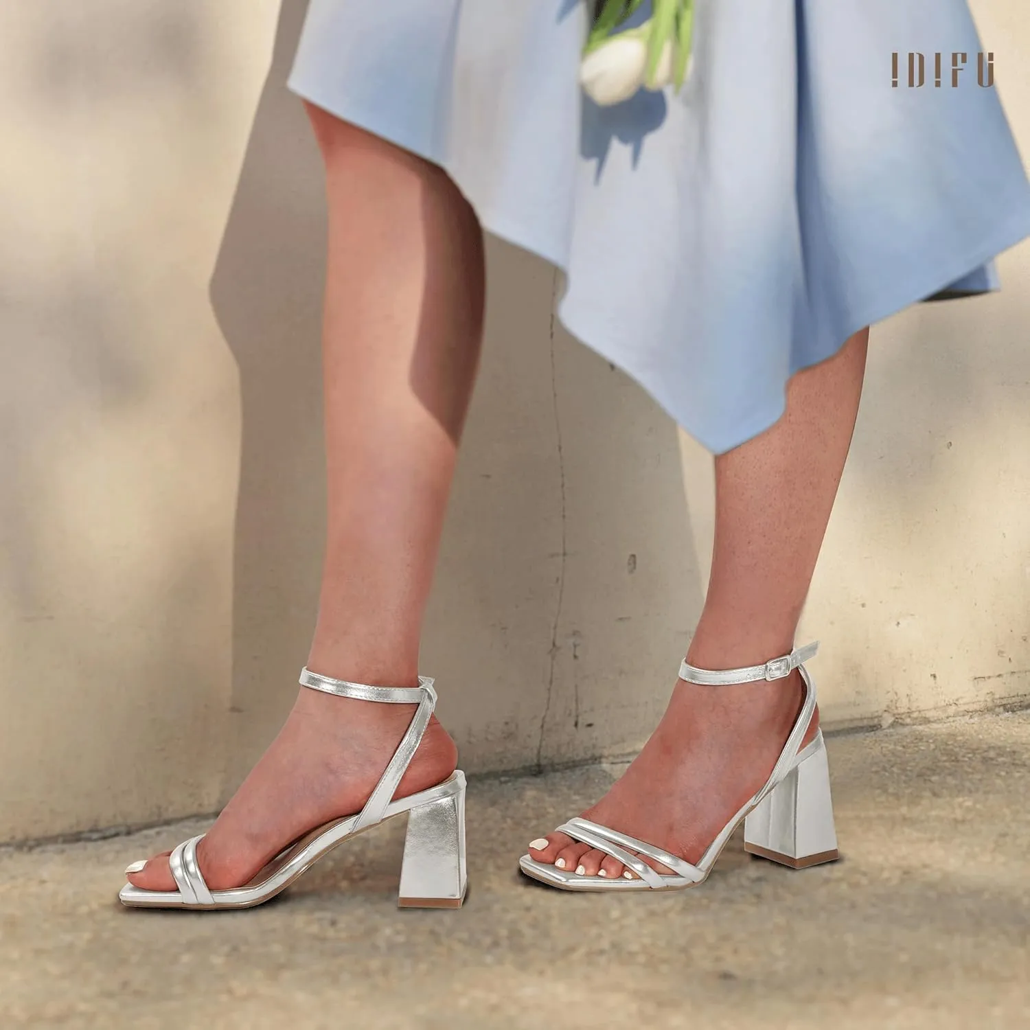 IDIFU IN3 Women's Strappy Heels Chunky Block Square Open Toe Adjustable Ankle Strap Heeled Sandals Slingback Thick Low Wedding Prom Bridal Dress Shoes for Women Short Small Heels