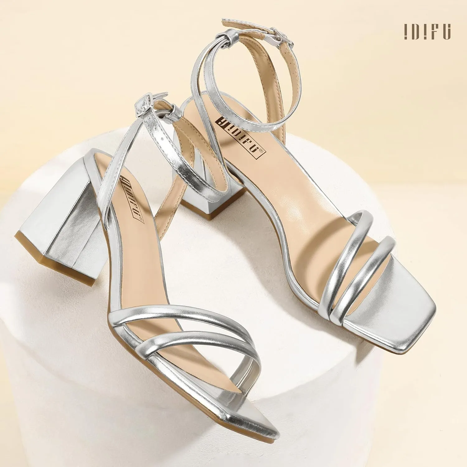 IDIFU IN3 Women's Strappy Heels Chunky Block Square Open Toe Adjustable Ankle Strap Heeled Sandals Slingback Thick Low Wedding Prom Bridal Dress Shoes for Women Short Small Heels