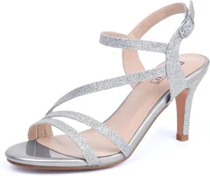 IDIFU Women's Black Nude White Silver Heels for Women Dress Kitten Heels Strappy Open Toe Heels Sandals Wedding Evening Party Shoes for Women Ladies Bridal