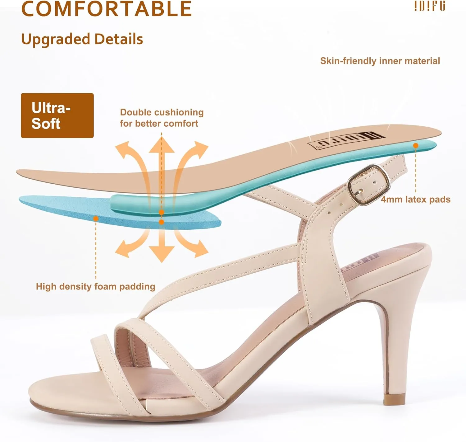 IDIFU Women's Black Nude White Silver Heels for Women Dress Kitten Heels Strappy Open Toe Heels Sandals Wedding Evening Party Shoes for Women Ladies Bridal