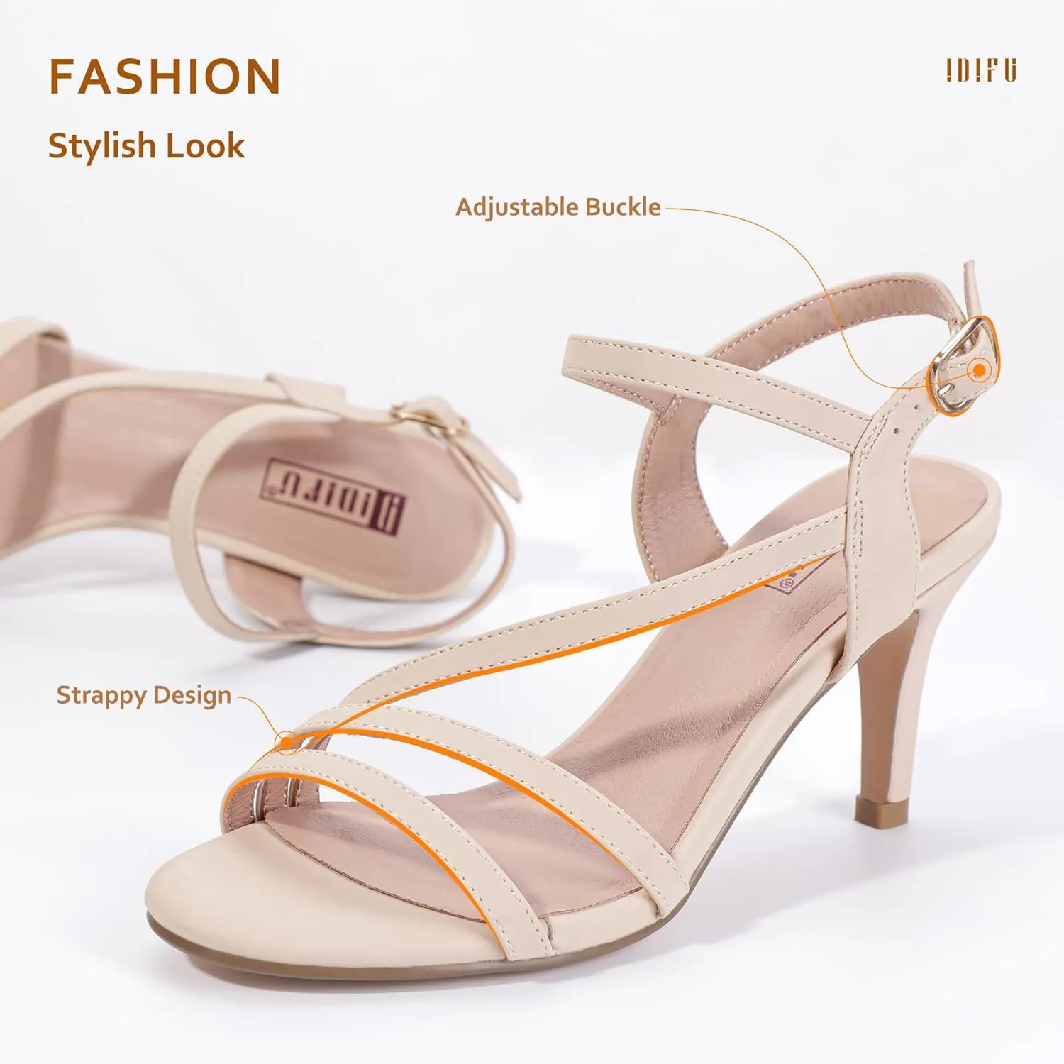 IDIFU Women's Black Nude White Silver Heels for Women Dress Kitten Heels Strappy Open Toe Heels Sandals Wedding Evening Party Shoes for Women Ladies Bridal