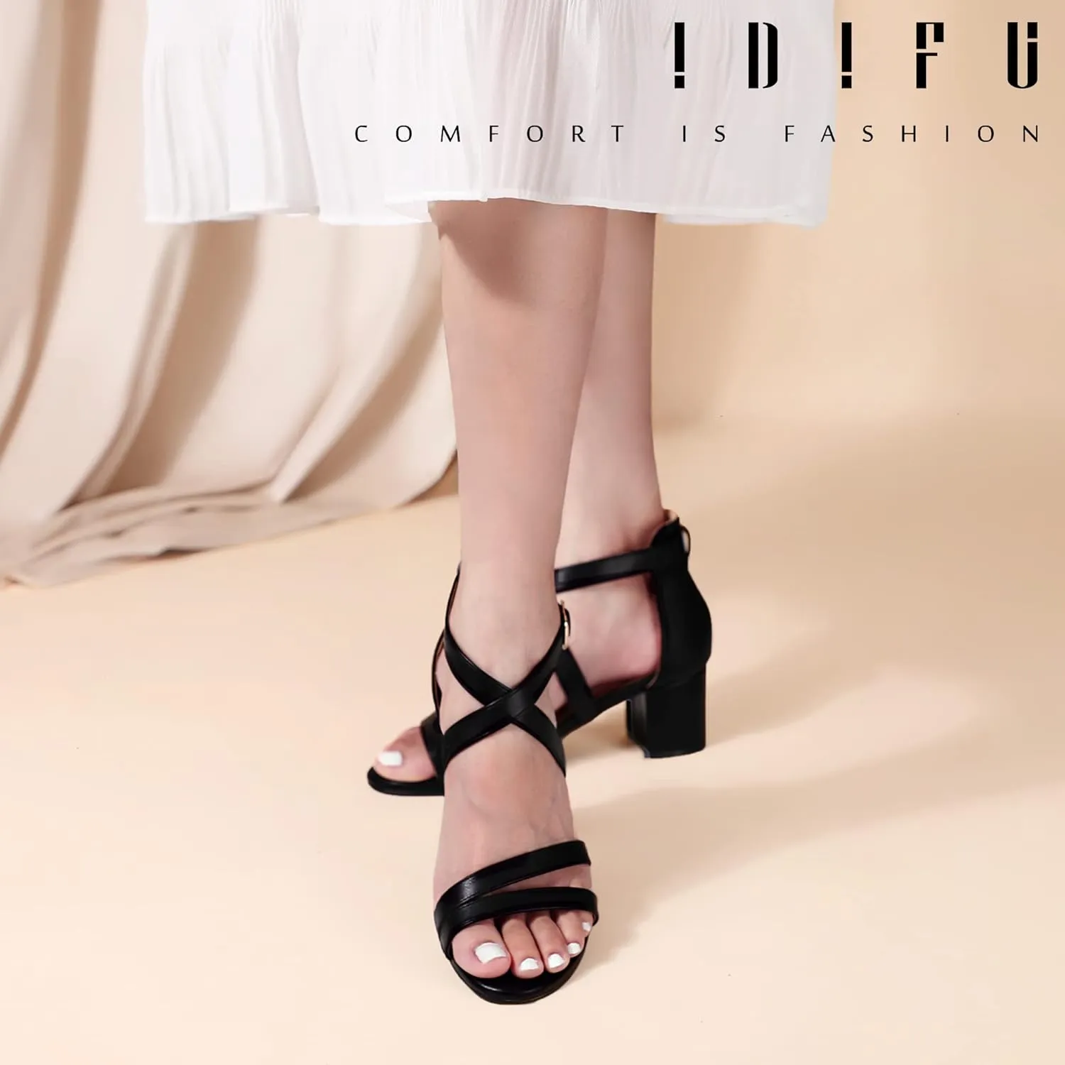 IDIFU Women's Block Low Chunky Heel Strappy Sandals Open Toe Ankle Strap Dress Wedding Evening Shoe for Women Bridal