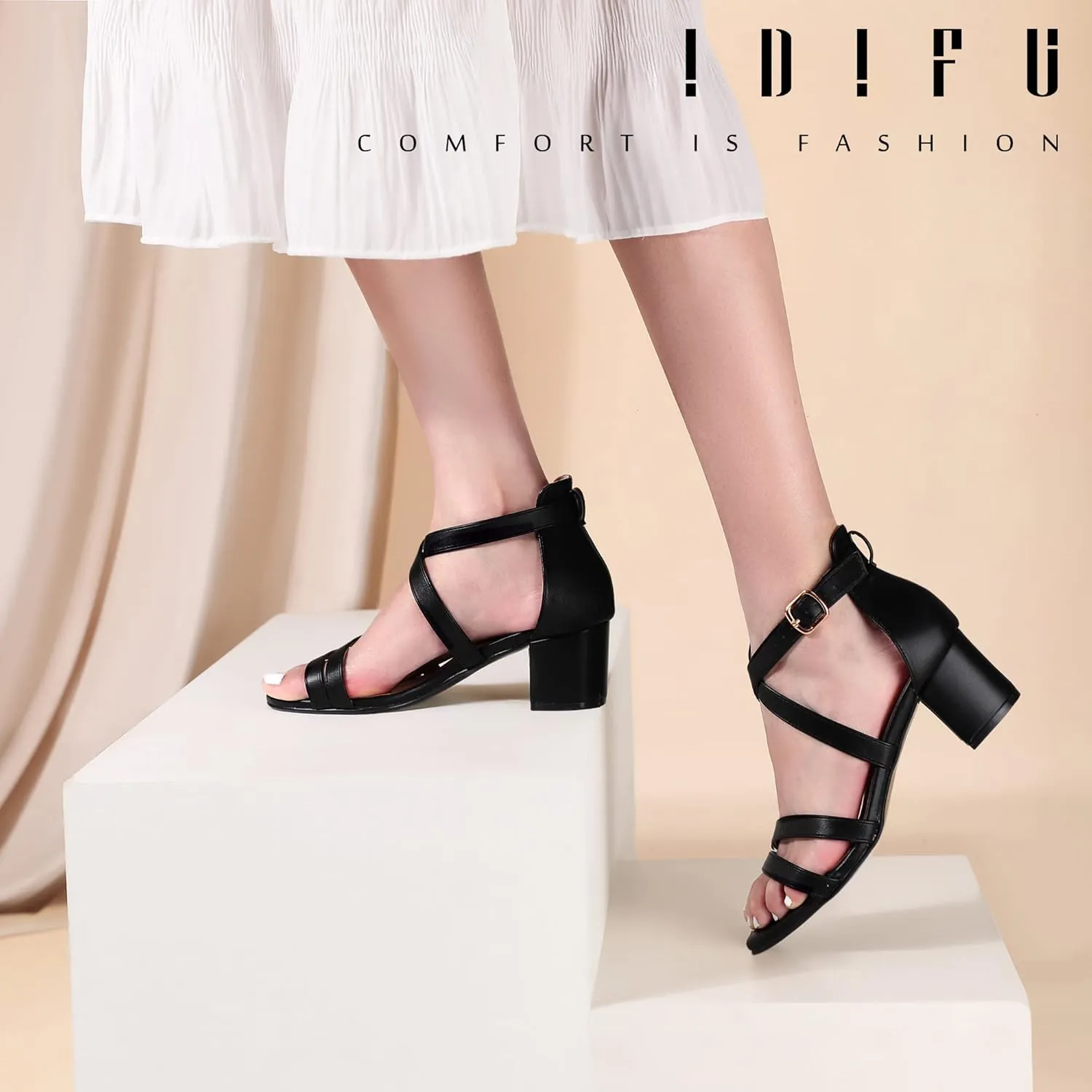 IDIFU Women's Block Low Chunky Heel Strappy Sandals Open Toe Ankle Strap Dress Wedding Evening Shoe for Women Bridal