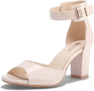 IDIFU Women's Candie-MI Peep Toe Low Block Heels Sandals Ankle Strap Comfy Chunky Wedding Dress Shoes