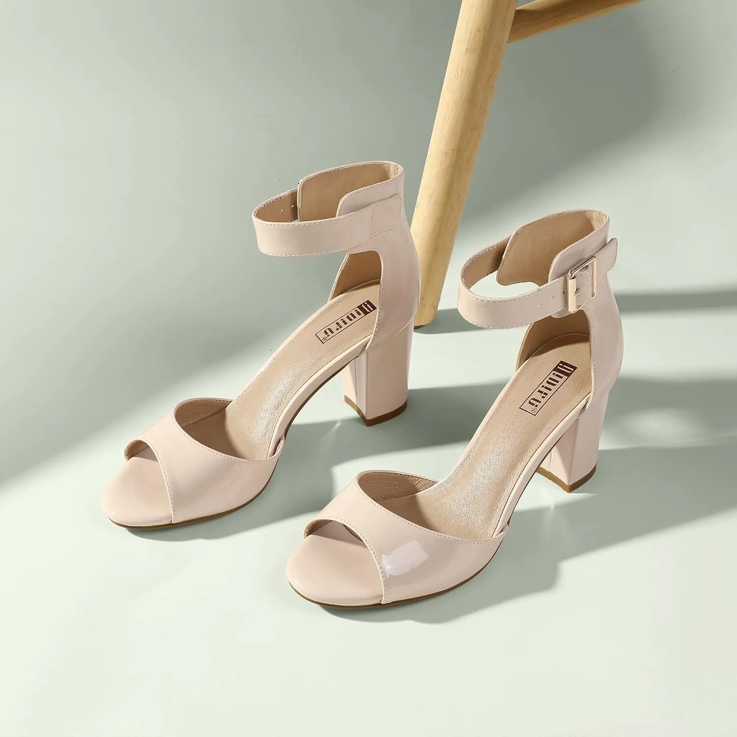 IDIFU Women's Candie-MI Peep Toe Low Block Heels Sandals Ankle Strap Comfy Chunky Wedding Dress Shoes