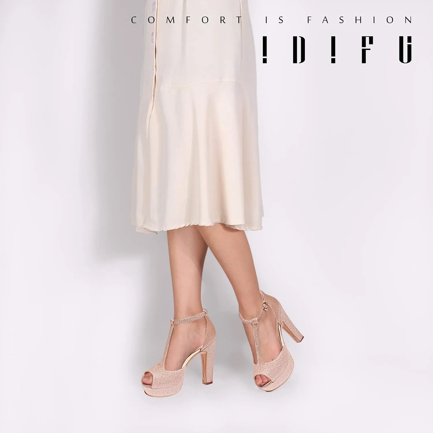 IDIFU Women's IN5 Polly Platform Chunky High Heels T-Strap Sexy Sandals Peep Toe Wedding Party Prom Dress Shoes for Women Bride